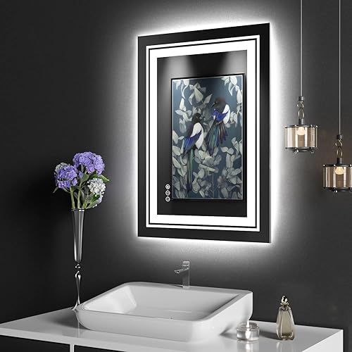 Snowdool Espejo de baño LED de 40 x 32 pulgadas, espejo de baño antivaho con luces, regulable continuo, espejo de tocador iluminado de 3 colores,
