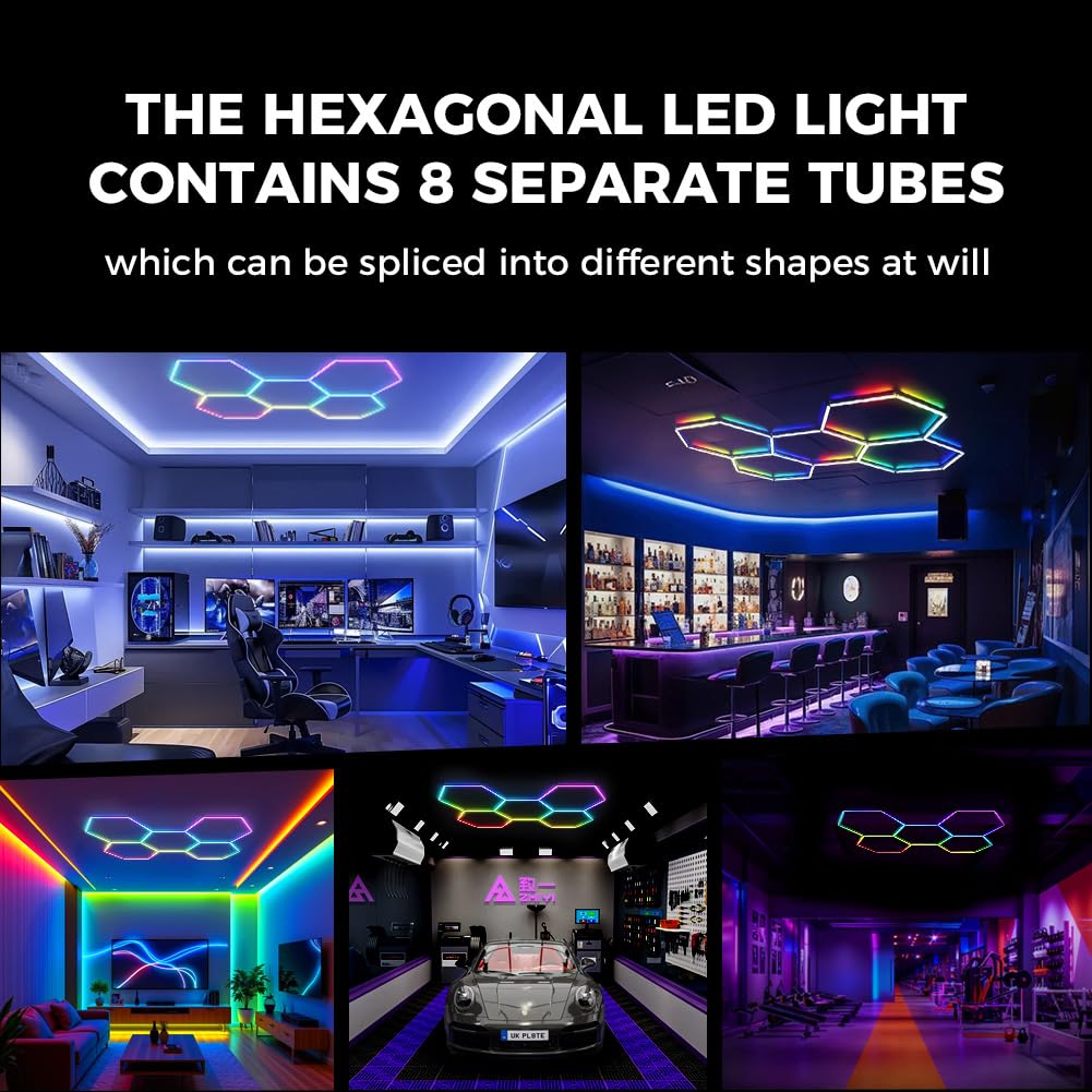 LED Éclairage Hexagonal 216W Smart Music Sync Deco RGB Lights App&Télécommande Contrôle Hexagon Garage Lumière pour Garage, Atelier, Entrepôt, Sous-Sol, Salle de Sport