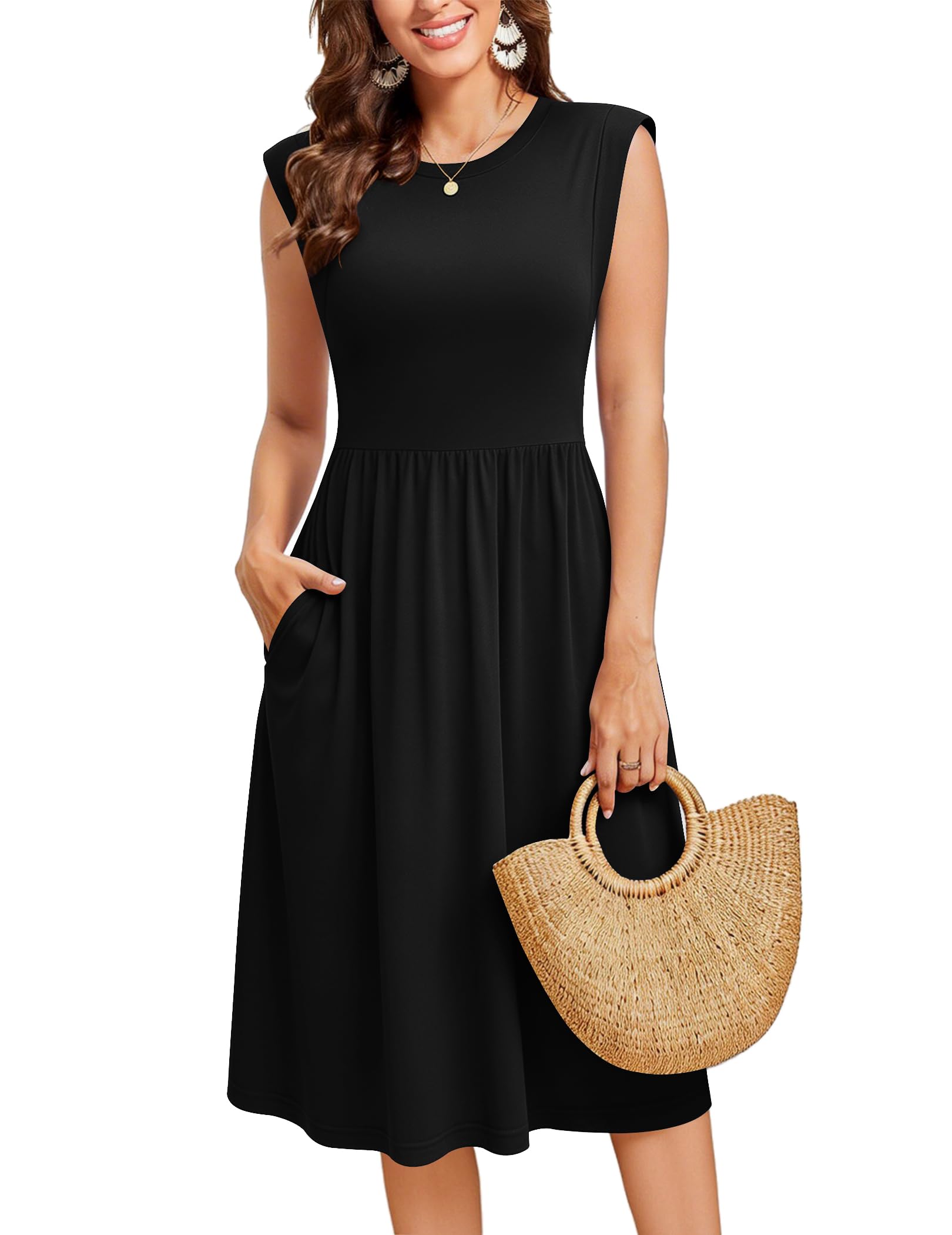 Zeagoo Sommerkleid Damen Elegant Kleider Ärmellos Strandkleid Rundhals Tunika Kleid Freizeit A-Linie Midikleid mit Tasche
