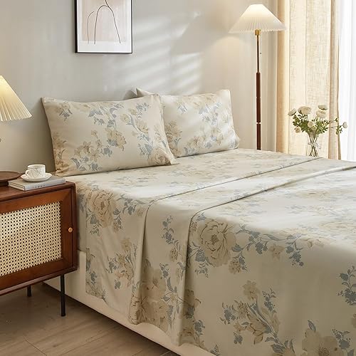 Miniatura 9 de VClife Juego de sábanas de tamaño California King, ultra suaves con estampado floral beige, 4 piezas de bolsillo profundo, sábanas transpirables y