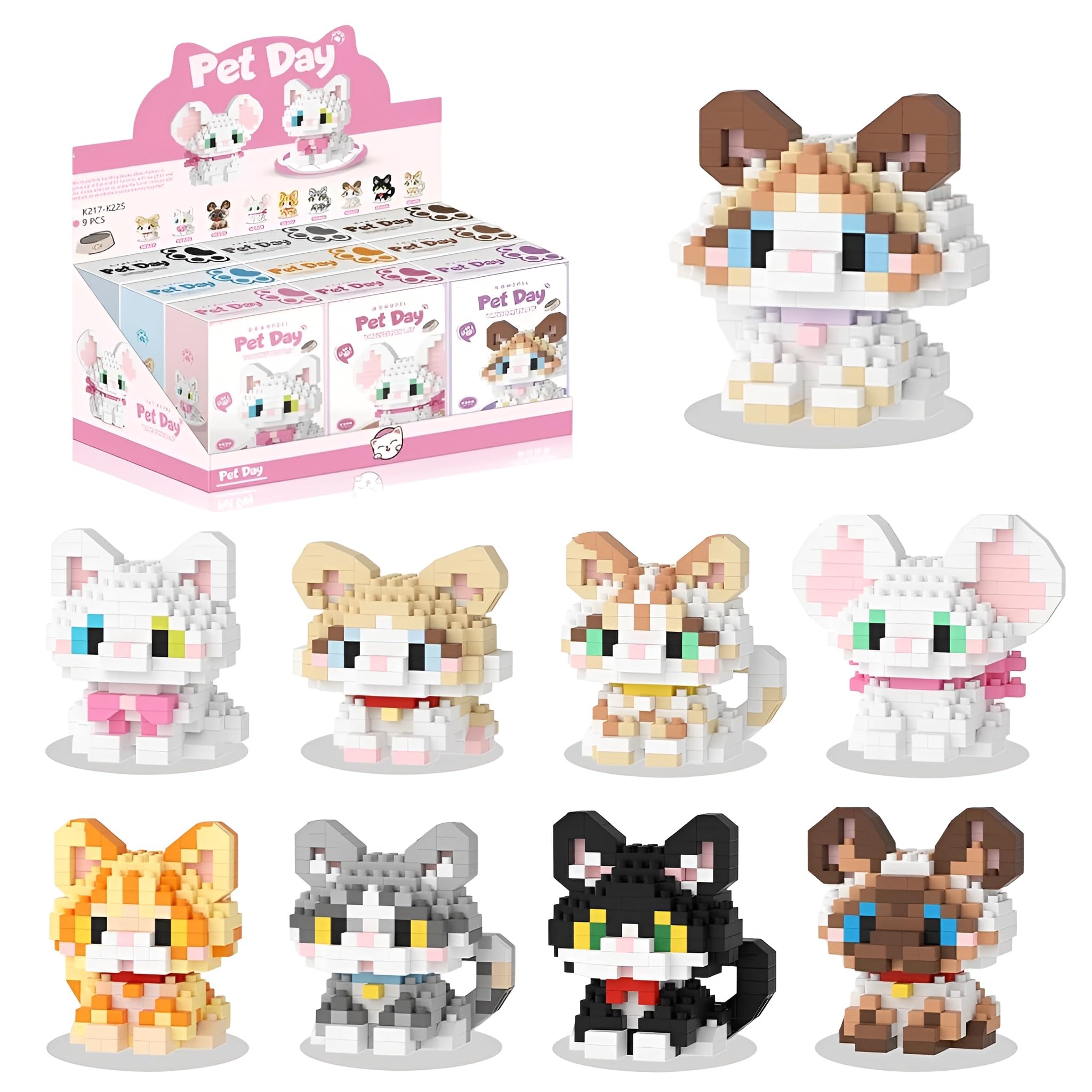 9 Style Mini Animal Cat Building Block Set —— 1995PCS Ragdoll, Munchkin, Siamese Micro Bricks Kit, Collection Cute Pet Models, Home Office Decor, Creative Gift for Adults and Teen