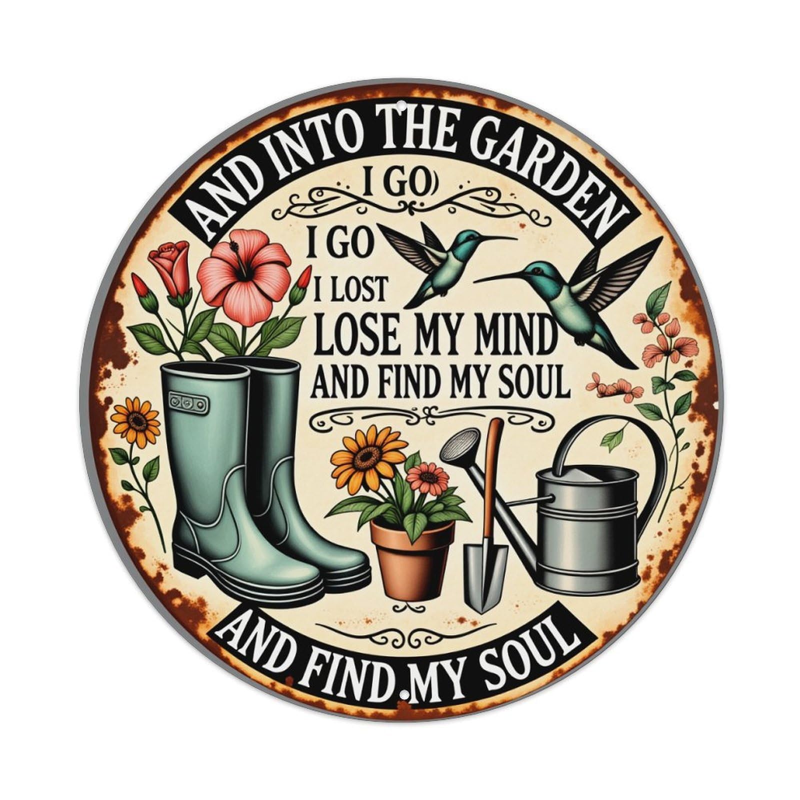 Garden Boots Flowers Hummingbirds Tools Round Tin Sign Vintage Style Metal Sign Home Bar Garden Wall Plaque Decor Metal Poster 8x8 Inch