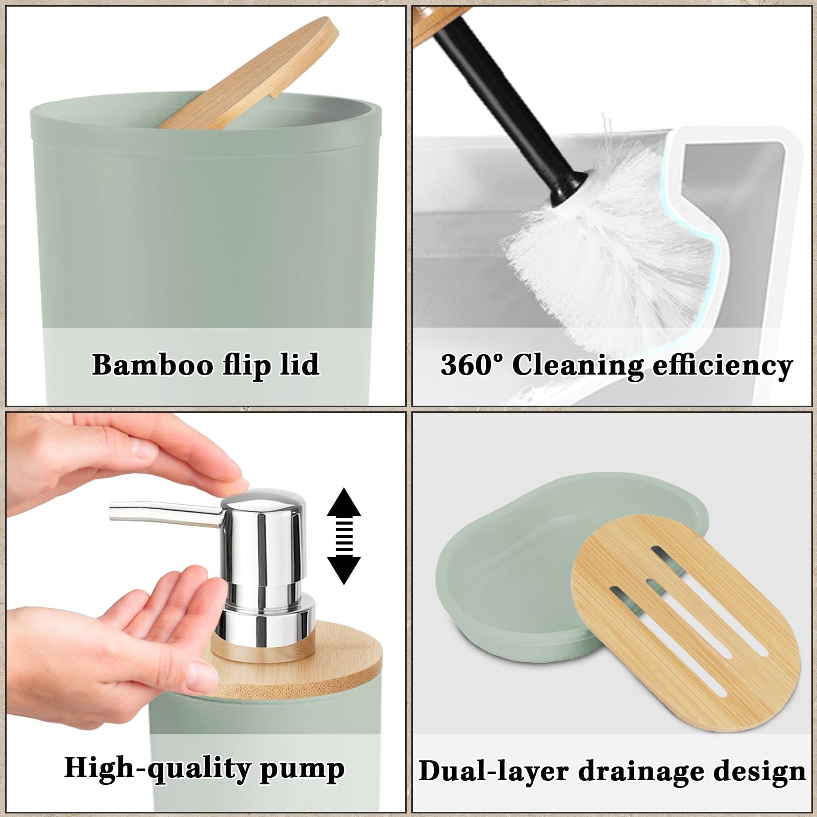 Britimes Badezimmer-Zubehör-Sets, salbeigrün Duschvorhang-Set mit Mülleimer, Seifenspender, WC-Bürstenhalter, Zahnbürstenhalter und Zahnbürstenbecher für Badezimmer-Dekor (Grün)