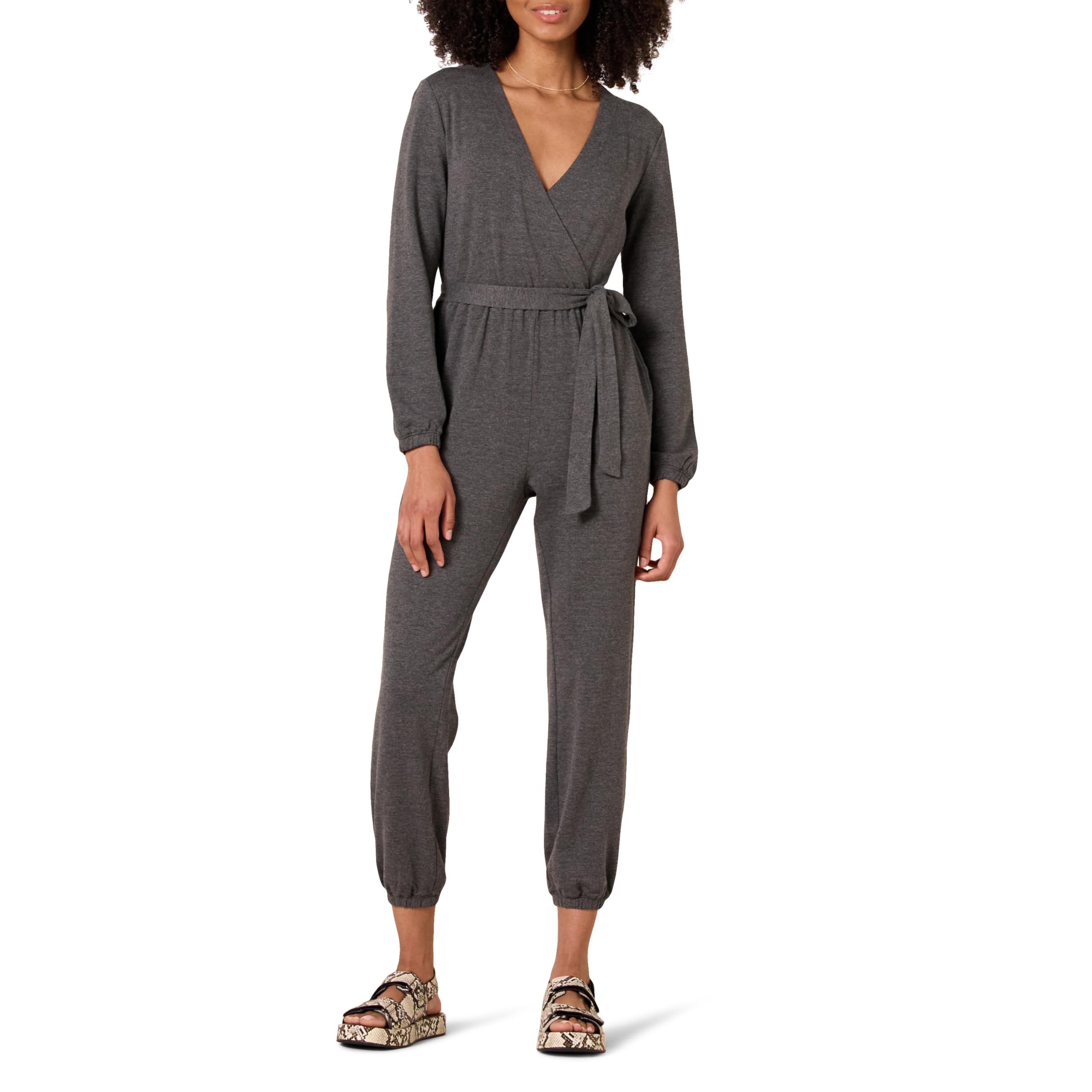 Amazon Essentials Women's Knit Surplice Jumpsuit (Available in Plus Size), Charcoal Heather, XXL