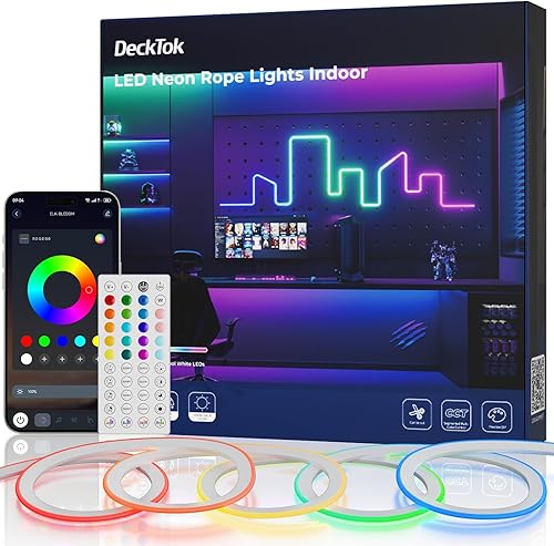 DeckTok Luces de Cuerda LED de Neón - Control LED Flexible con App/Control Remoto Luces de Cuerda 16.4 Pies Múltiples Modos RGB IP65 Impermeable