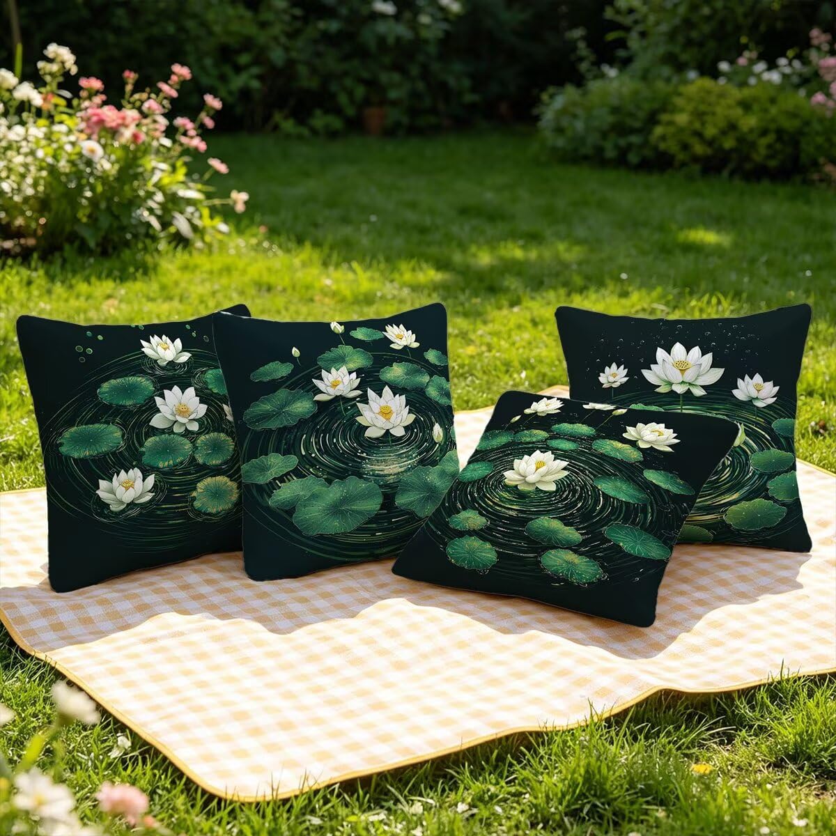 Federe Cuscino Divano 60x60 cm, Verdi Cuscini per Divano da Esterno Set da 4, Lino Copricuscini Divanos Impermeabile, Copri Cuscini Fiore Motivo Fronte Retro Stampato per Giardino, Sofá, Balcón, F-53