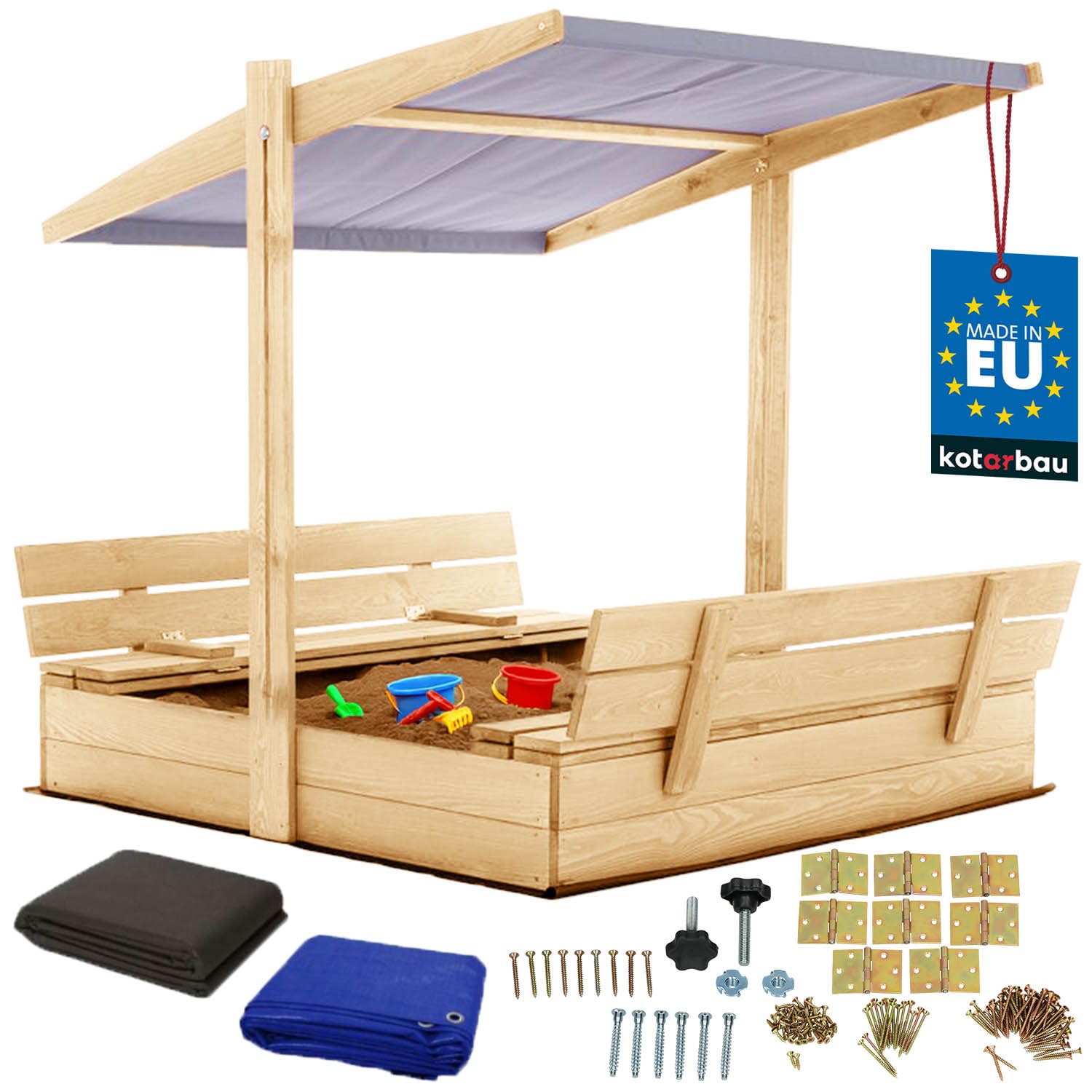 KOTARBAU® Sandkasten mit Dach - 120 x 120 cm - Holz Sandkasten mit Abdeckung & Sitzbänken - Sandkiste - Gartenspielzeug für Kinder - mit Deckel & Sonnenschutz in Grau - Holz - Natürlich
