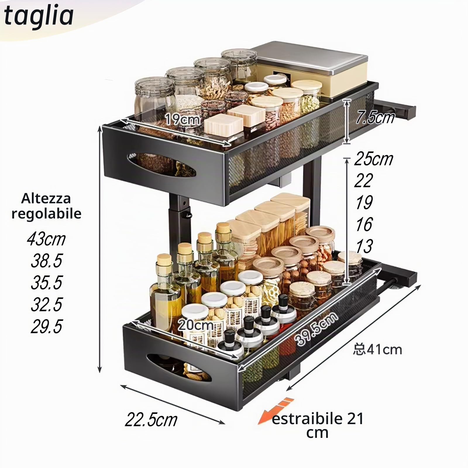 Organizer Sottolavello Cucina, Portaoggetti Organizzatore Ripiano Salvaspazio in Metallo a 2 Livelli，Utilizzato Universalmente in Cucine e Bagno, Regolabile in Altezza - Nero (1 Pezzo)