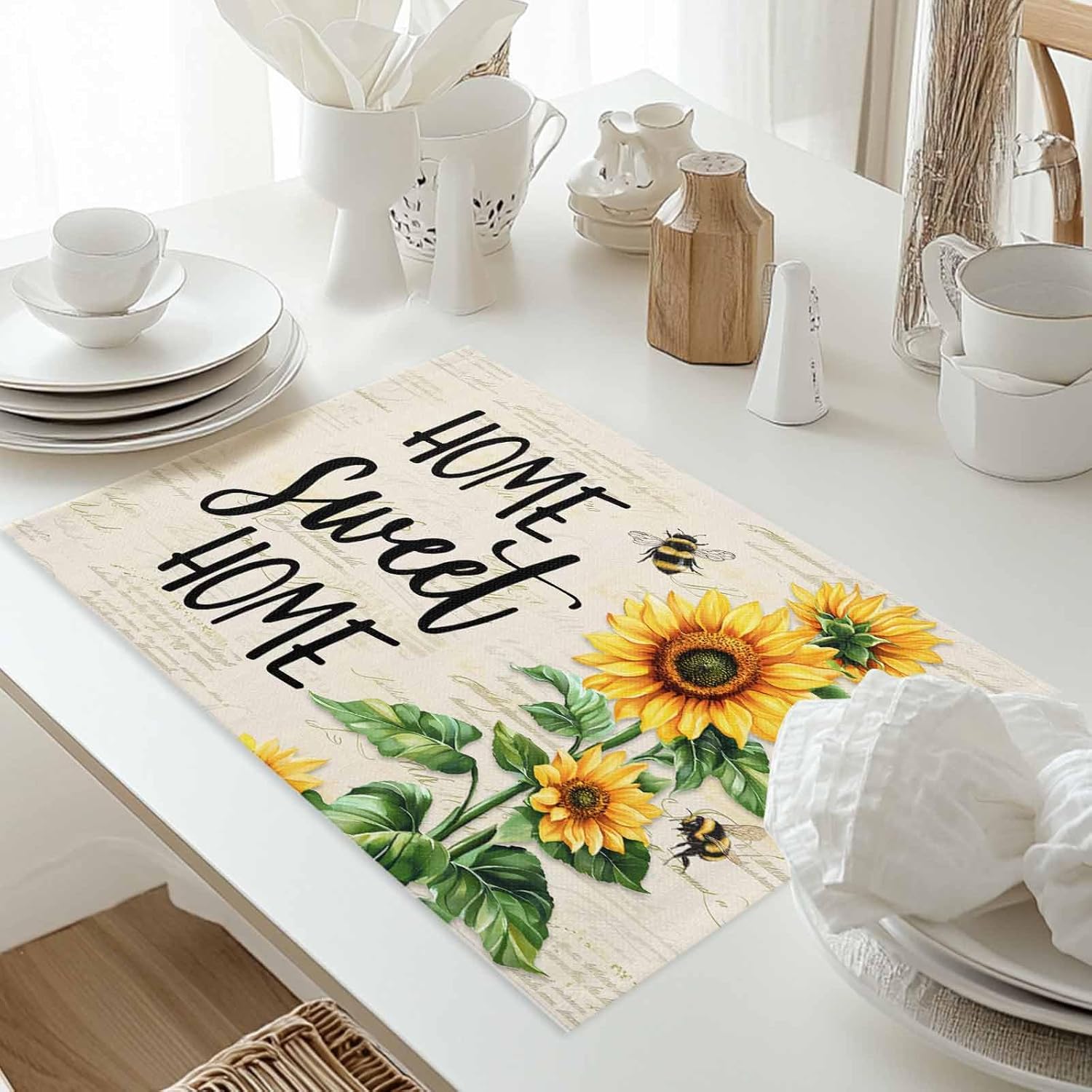 Vintage Sunflower Bee Placemats Set of 12, Farmhouse Summer Table Mat Place Mats for Home Party Table Decorations