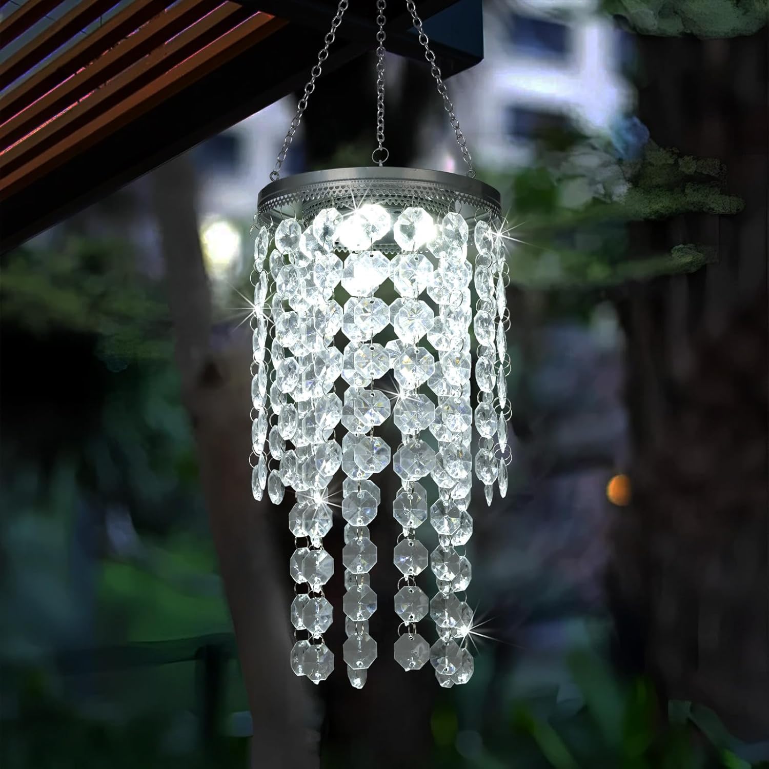Hanging Solar Crystal Chandelier Outdoor, 21” Modern Solar Transparent Acrylic Beaded Lantern with Cool White LED S Hooks for Garden Yard Patio Gazebo Outside Decor
