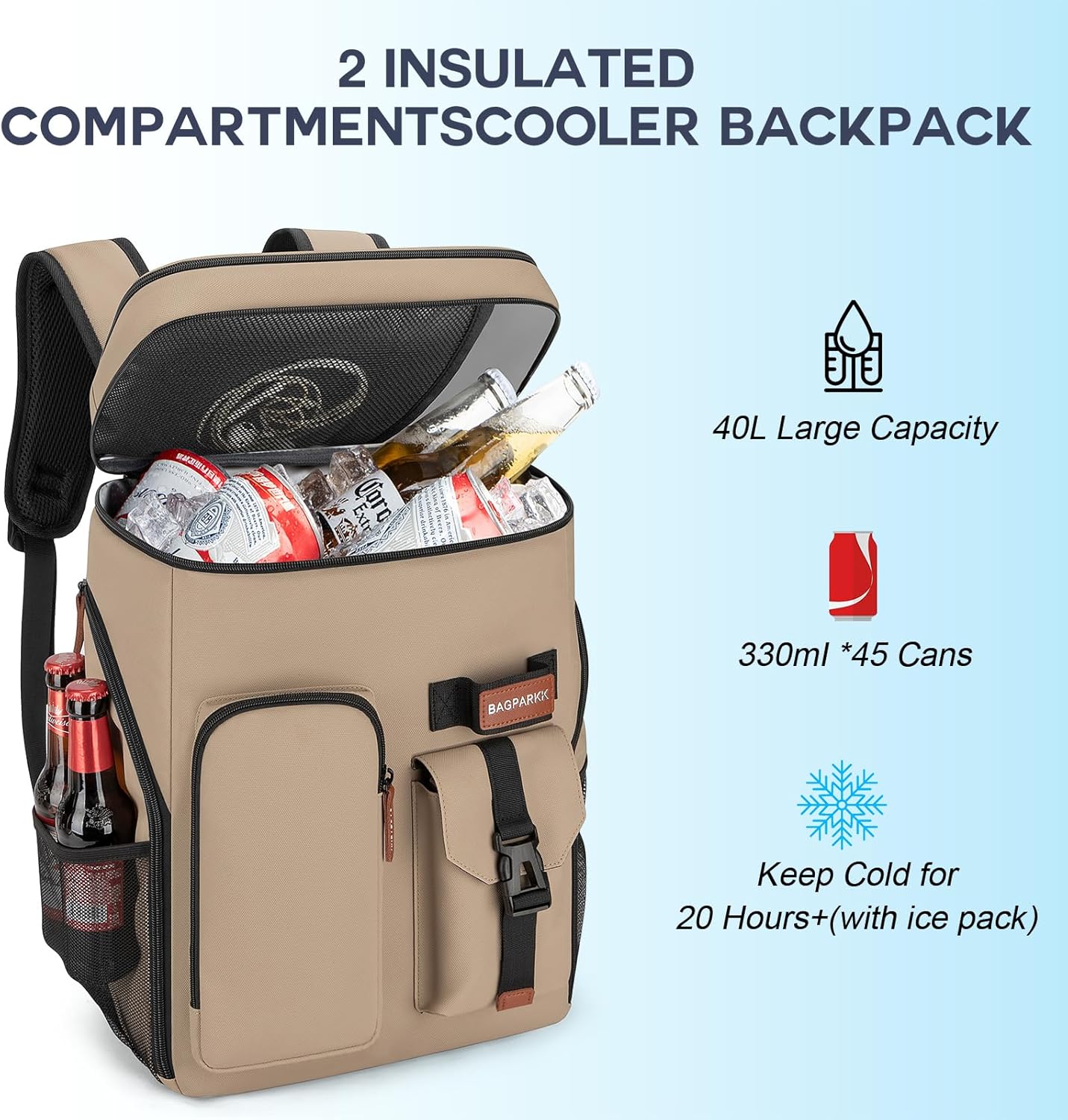 Insulated Cooler Backpack,33/45 Cans Multifunctional Double Deck Leakproof Cooler Bag with Sternum Strap,Large Capacity Lightweight Travel Camping Beach Backpack - Image 8