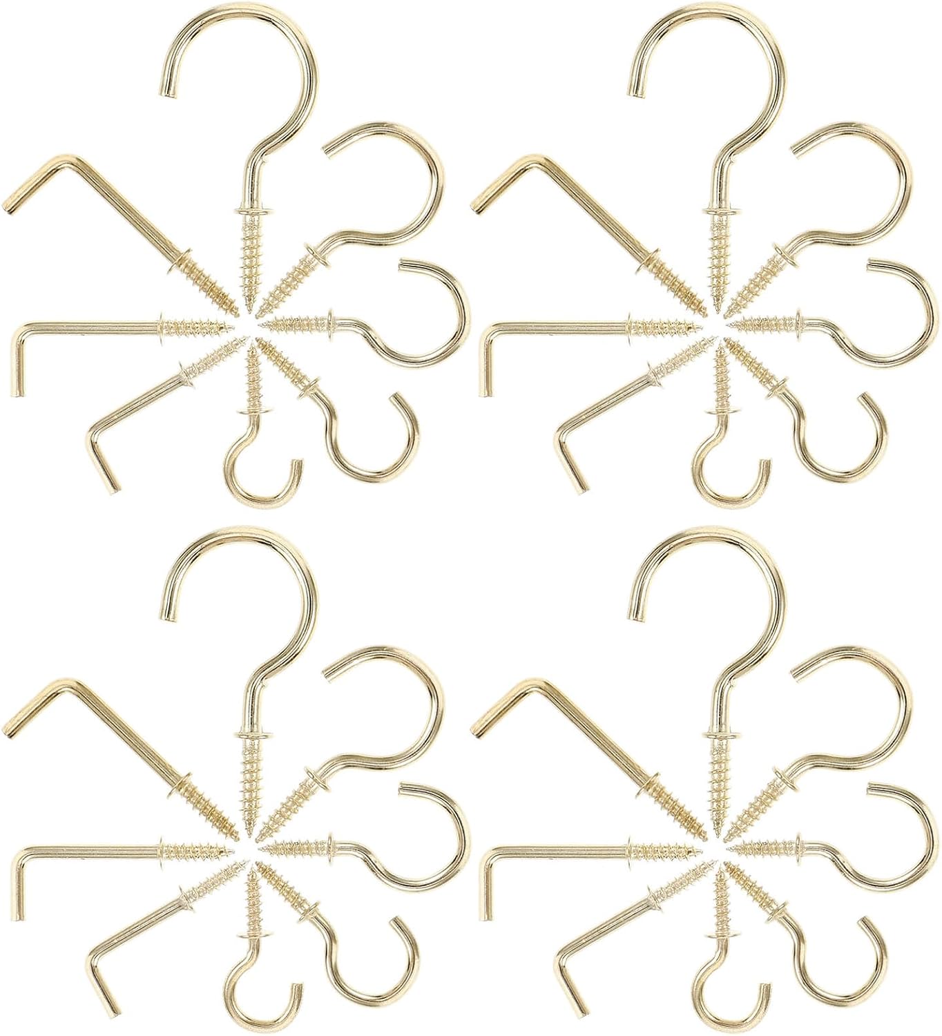 NUOBESTY 225pcs Assorted Small Screw-in Cup Hooks 90-Degree Right Angle Metal Threaded Hooks for Hanging Mugs, Jewelry, Kitchen and Wall Mount Use, Gold Finish
