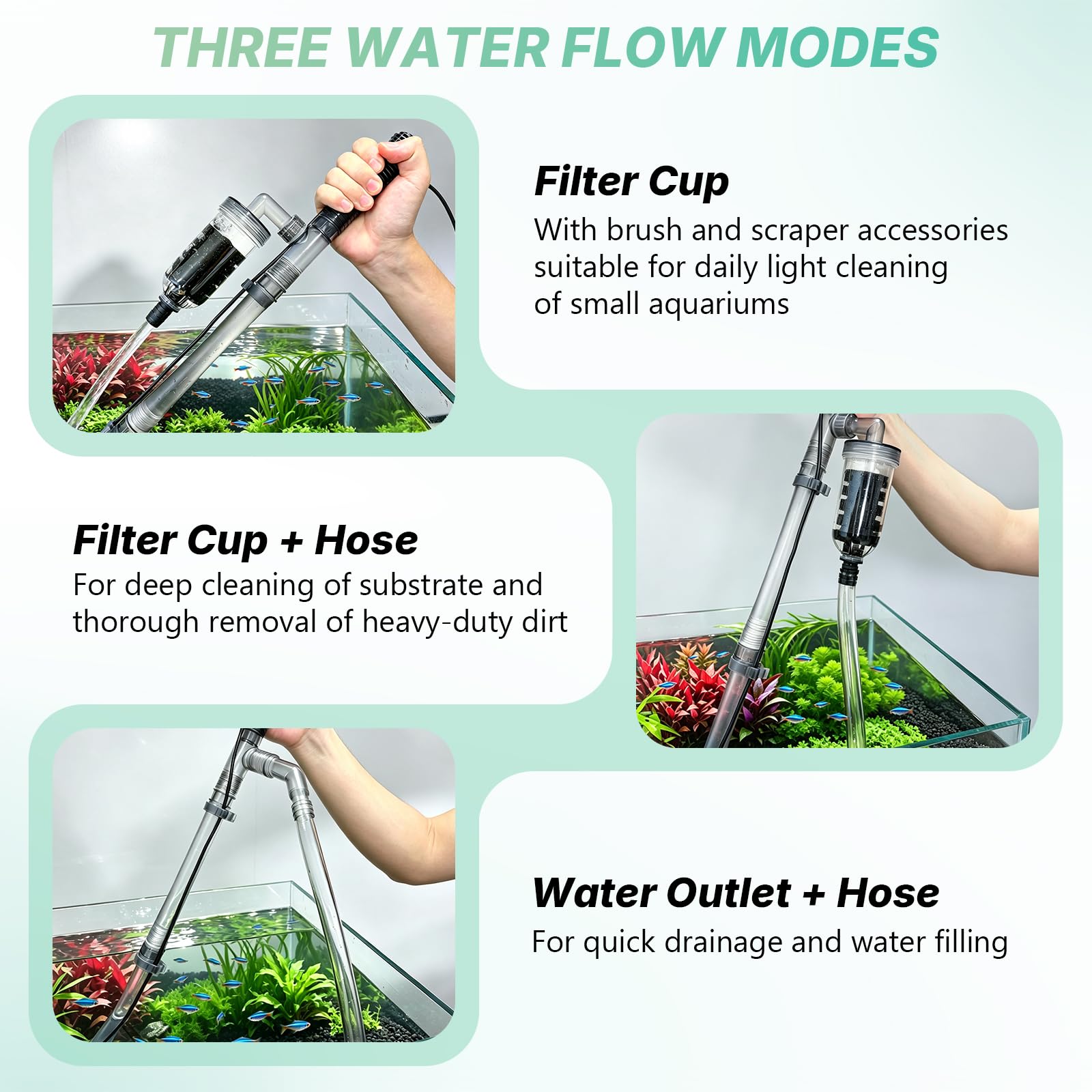 hygger 15W Aspirateur Aquarium Electrique, 5-en-1 Kit Nettoyage Aquarium | 2000L/h Nettoyeur Aquarium,Longueur Réglable,Automatique avec Laveur de Sable et Changeur d'eau,For Freshwater & Saltwater