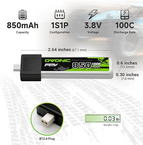 Miniatura 2 de OVONIC Batería Lipo de 3.8V de alto voltaje 100C 850mAh 1S1P con BT2.0 HV Lipo 4 baterías en 1 paquete