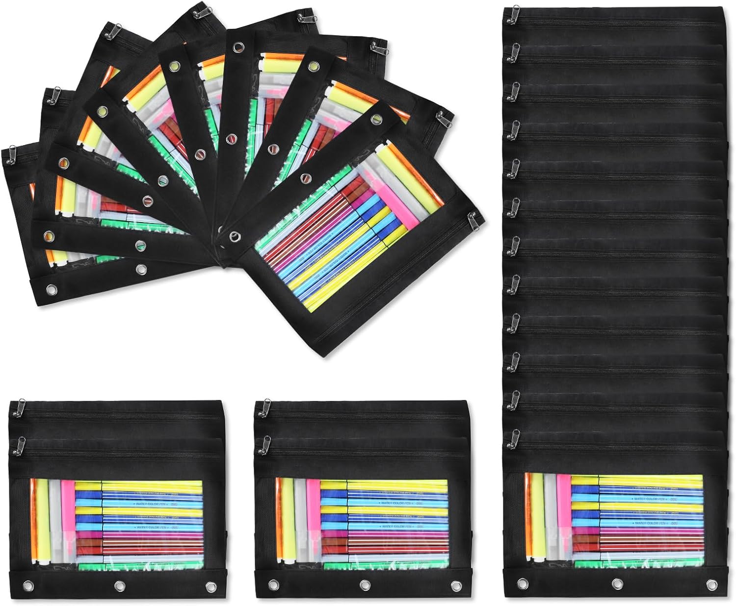 24 Pack Pencil Pouch for 3 Ring Binder, Pencil Case with Smooth Zipper Bulk, Clear Window Pencil Bag for School, Office, Jewelry, and Cosmetic, Black