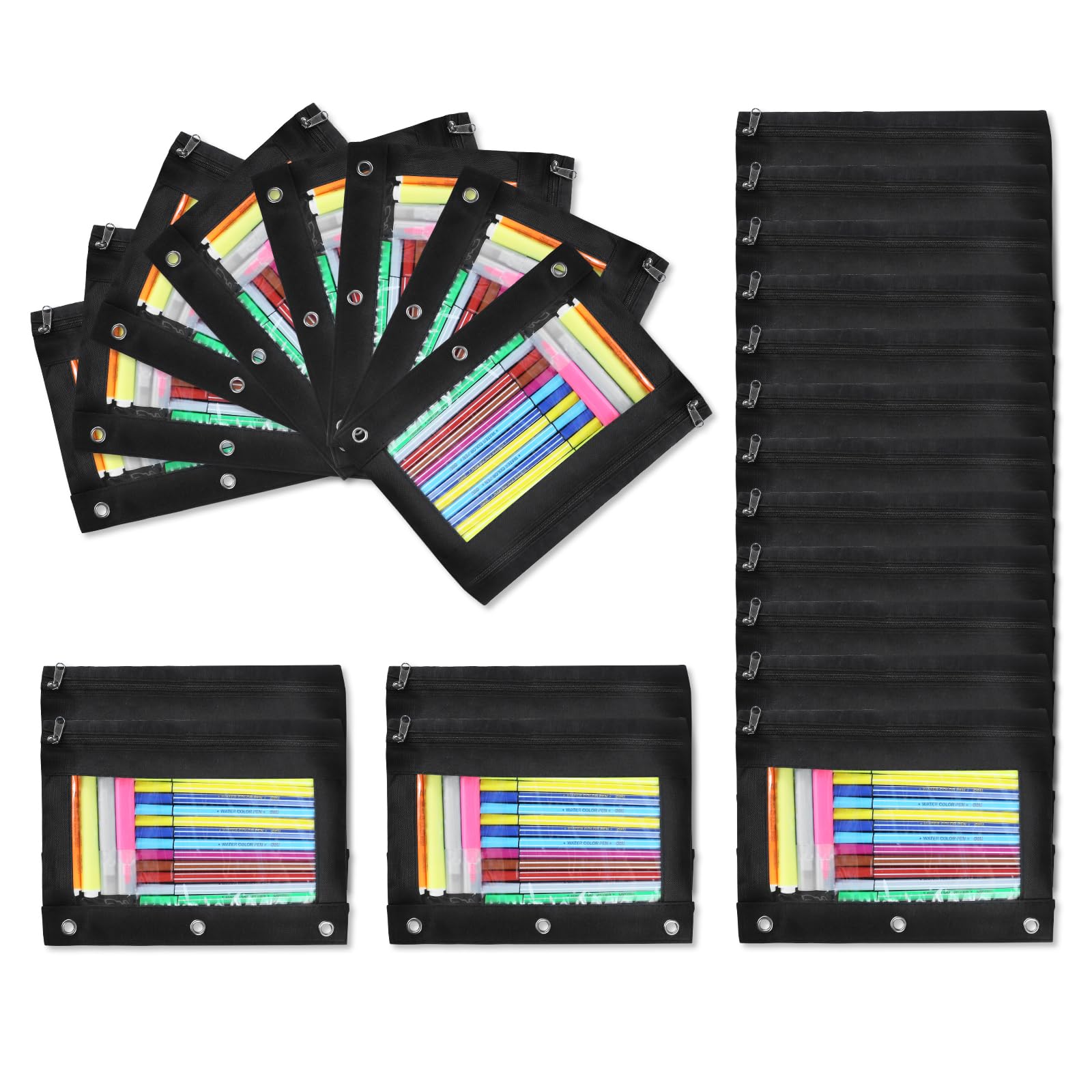 Confezione da 24 astucci per raccoglitori a 3 anelli, astuccio con cerniera liscia, astuccio trasparente per scuola, ufficio, gioielli e cosmetici, nero