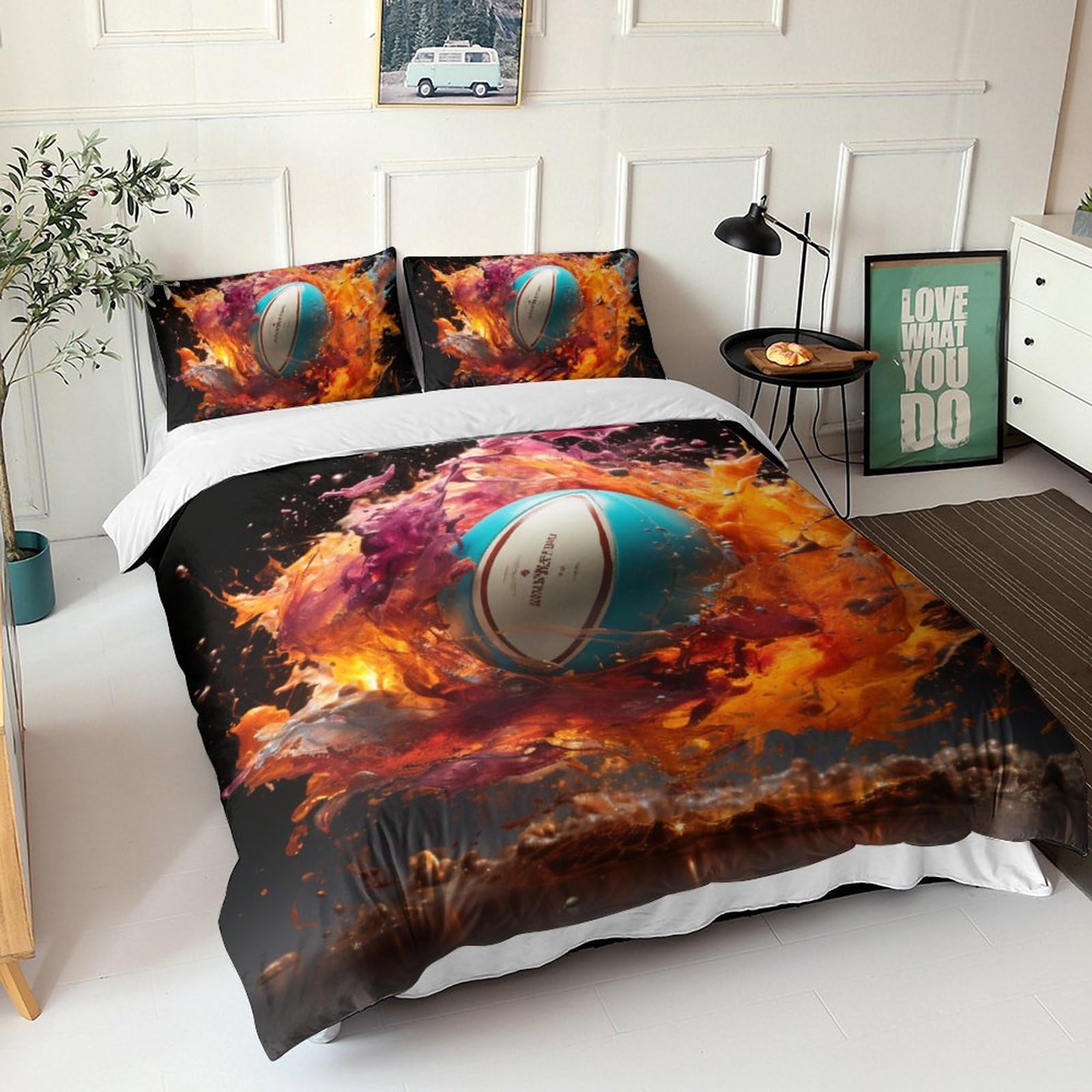 Housse de couette rugby 3D parure de lit microfibre 220x240 taies d'oreiller douce