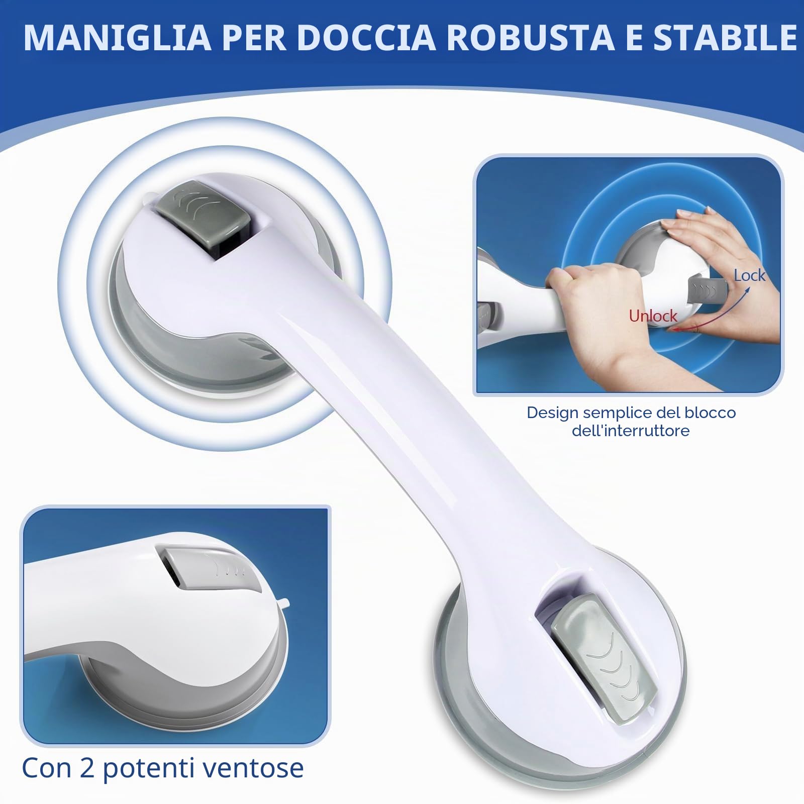 Maniglia per anziani, 2 pezzi, per doccia con ventosa, senza foratura, antiscivolo per doccia e bagno, tenuta forte fino a 110 kg, maniglia di sicurezza per anziani, grigio, 30 cm