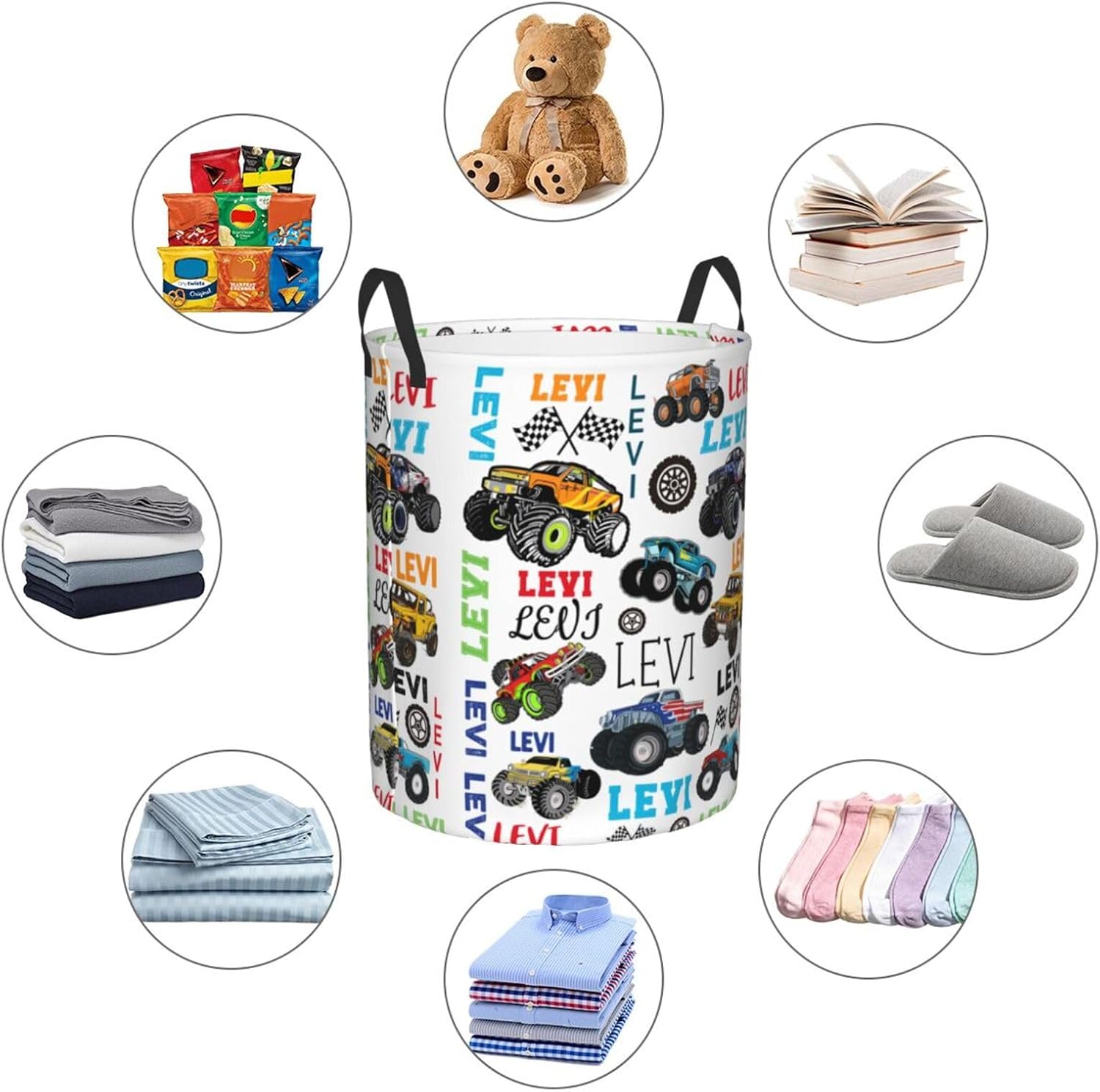 Personalized Mon-Ster Truck Laundry Hamper Gifts, Custom Trucks Laundry Basket With Name for Kids Boys Girls Adult, Collapsible Baby Laundry Hamper, Dirty Clothes Hamper With Handles 16.5x13.8 Inch