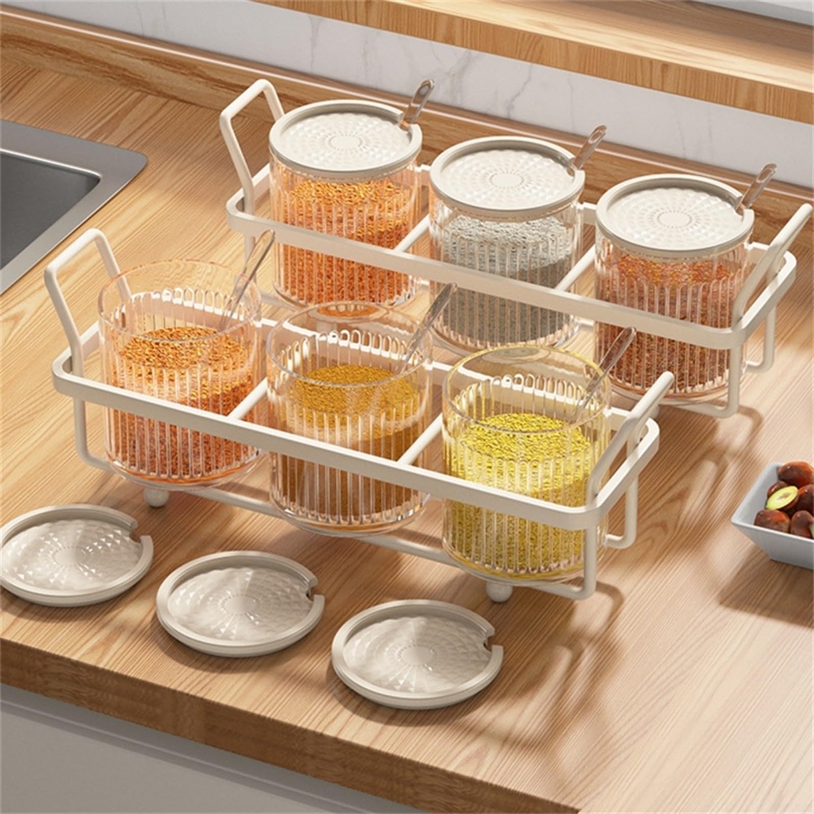 Recipiente de especias para encimera de cocina con tapas y cucharas, tarro de metal y plástico transparente para almacenar sal, pimienta y varios condimentos (6 botellas)