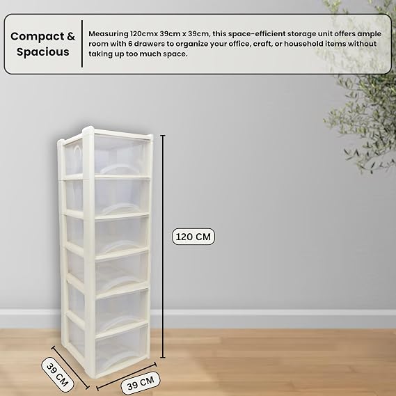 Neat. 6 Plastic Storage Drawers, Space-Saving Draws for Office & Home, Drawers Storage Unit - Durable Storage Draws - Storage Drawers Unit - H120cm x L39cm x W39cm -Cream