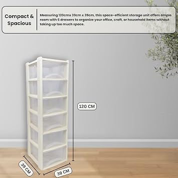 Neat. 6 Plastic Storage Drawers, Space-Saving Draws for Office & Home, Drawers Storage Unit - Durable Storage Draws - Storage Drawers Unit - H120cm x L39cm x W39cm -Cream