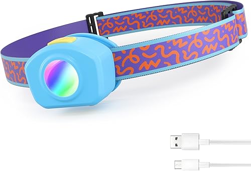 EverBrite Linterna frontal LED recargable para niños con modo RGB y diadema ajustable, 3 modos de faros multicolor para niños, lámpara de cabeza