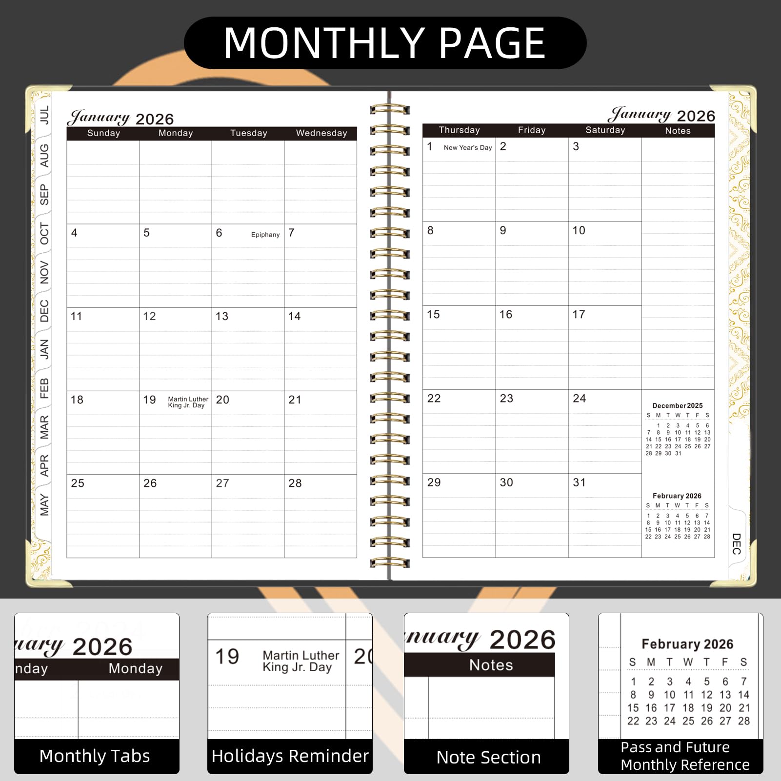 Knagsfa 2026 Planner, Jan.2026 - Dec.2026 Weekly Monthly Planner 6.25"x8.5" with Page Tabs, Calendar Hardcover with Inner Pocket, Elastic Band, Twin-Wire Binding, Bookmark, Black Love Heart - Image 3