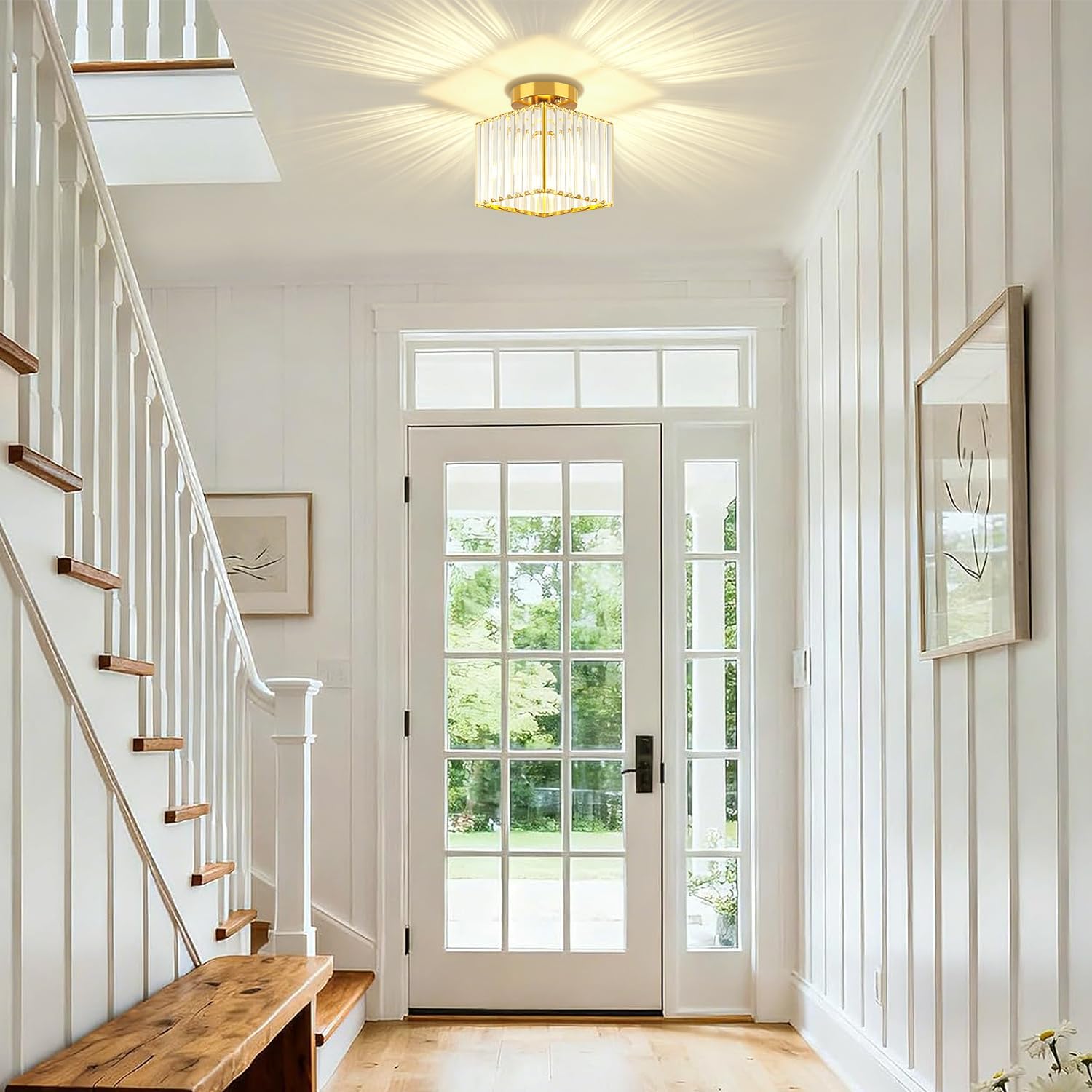 Crystal Semi Flush Mount Ceiling Light 2-Pack Modern Gold Square Hallway Light Fixtures Kitchen Lighting Small Close to Ceiling Lights for Entryway Bathroom Bedroom Laundry Foyer Lighting, 7.24Inch