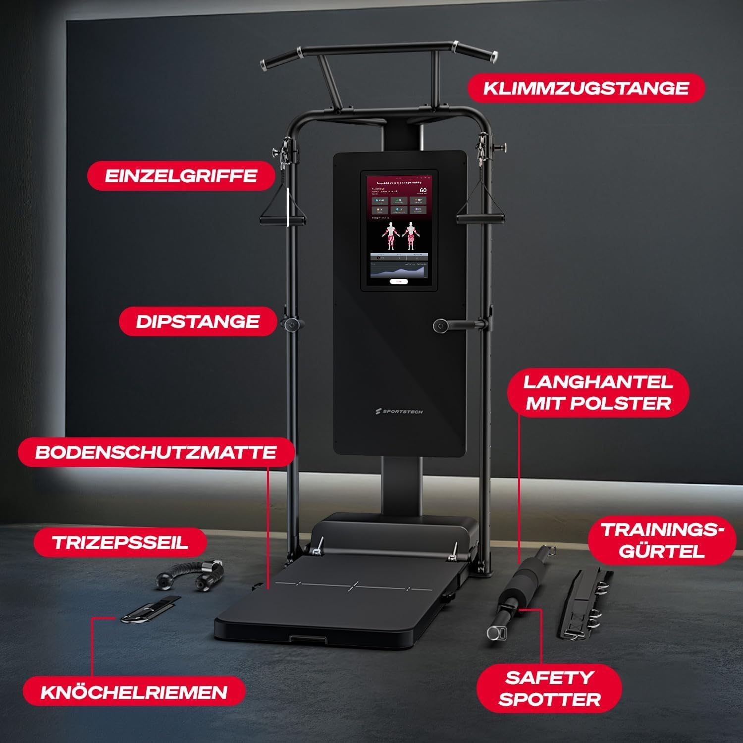 Sportstech sGym Pro – multifunktionale klappbare Kraftstation für Zuhause, 21" Display, 400+ Übungen, 13-Fach verstellbare Kabelzüge, Spotter, inkl.1 Jahr STL-App, platzsparend, Ganzkörpertraining