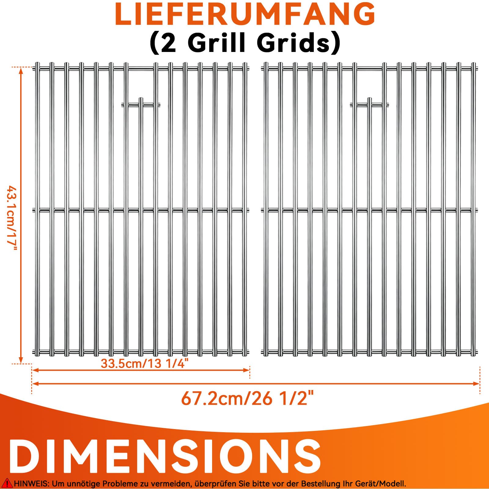 Grillrost Edelstahl 43 cm für Enders Boston Monroe PRO 4, Gasgrills Ersatz für Landmann Triton, Broil King Baron/Crown, Napoleon LEX 485, Nexgrill 4-Brenner - 7mm Massive Grillroste - 2 Stück