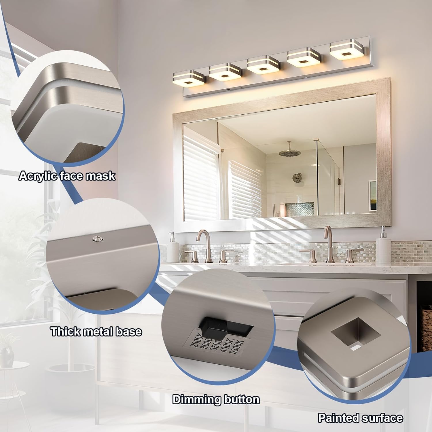 Modern Bathroom Vanity Light Fixture, 5CCT Dimmable LED Wall Sconce, 34" Brushed Nickel Over Mirror Light, 5-Light Acrylic Vanity Lights for Bathroom, Indoor Restroom Lighting
