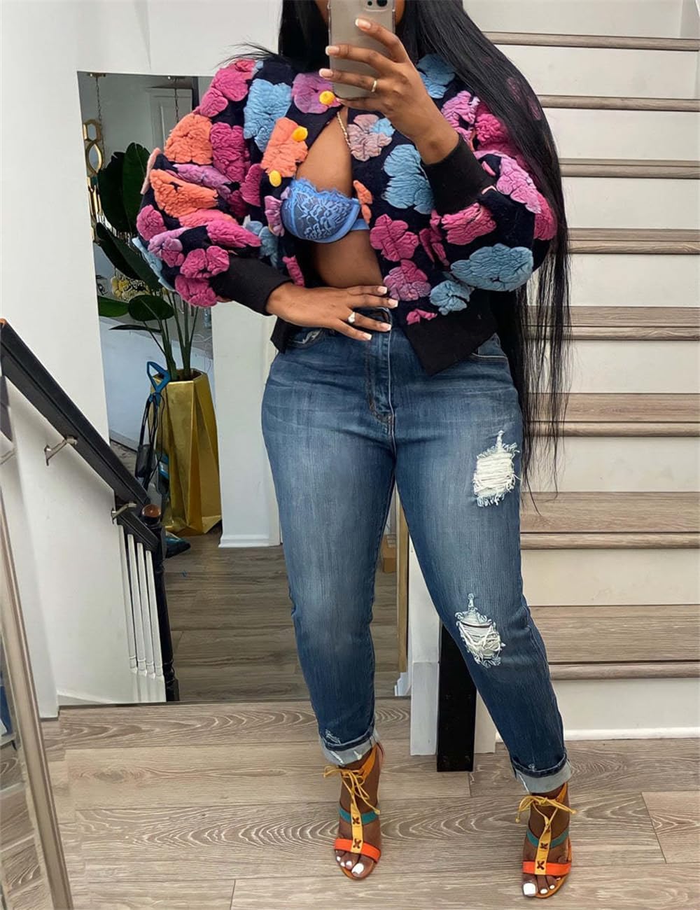 Women's 3D Flower Cropped Bomber Jacket Button Down Varsity Jackets - Image 3