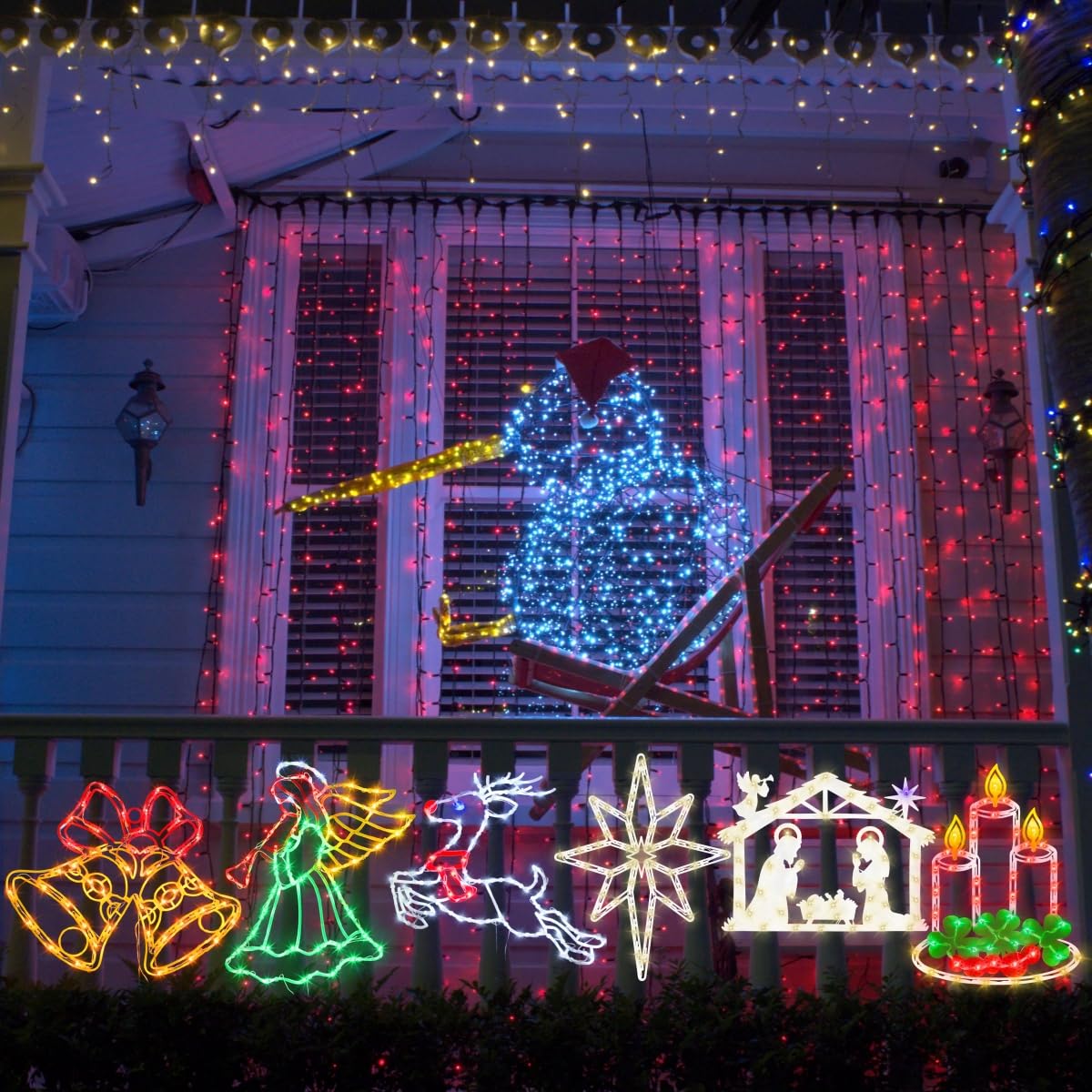 Luces de silueta de ventana de Navidad de 16 pulgadas, paquete de 6 unidades de color iluminado reno y Belén estrella y nacimiento y vela y ángel y campana para las vacaciones, decoración de