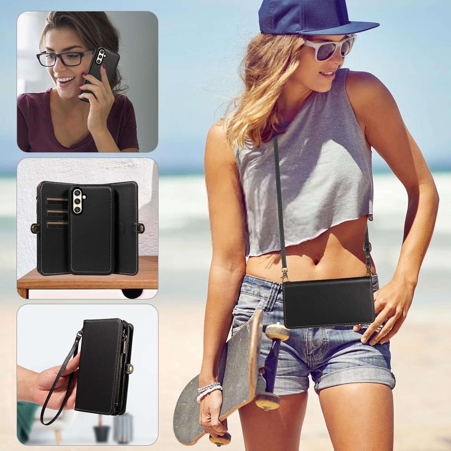 Asuwish Phone Case for Samsung Galaxy S24 5G Zipper Wallet Detachable Cell Cover with Screen Protector Crossbody Lanyard Strap Flip Card Holder Slot S 24 24S GS24 G5 6.2 inch Women Men Black