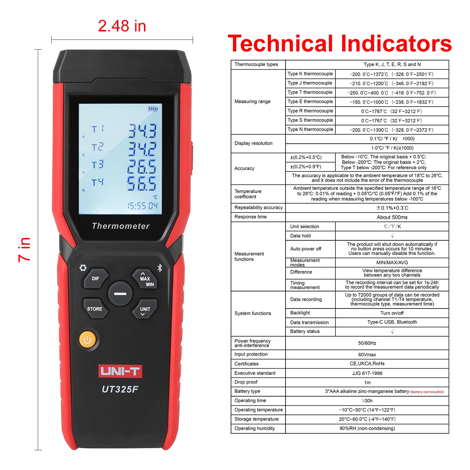 UNI-T UT325F Termometro Digitale 4 Canali Registratore di Temperatura J/T/E/R/S/N/K Tipo Termocoppia Misuratore di Temperatura Alta Precisione Bluetooth