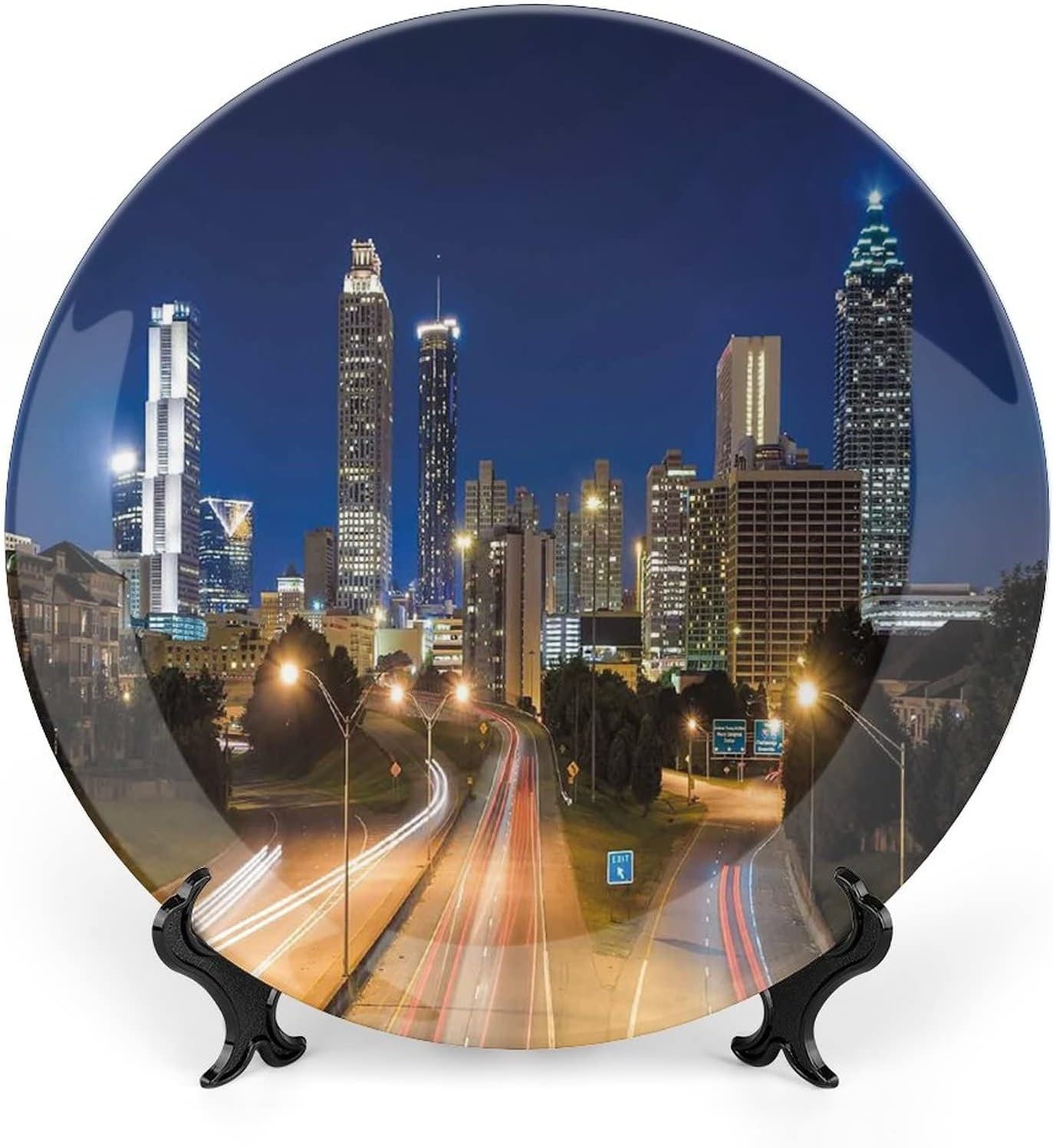 XISUNYA 10 Inch Decorative Plate, Urban Ceramic Stoneware, Atlanta Skyline Twilight with Highway Buildings Print Ceramic Wall Hanging for Home Office Party Dinner Table Decor, Multicolor
