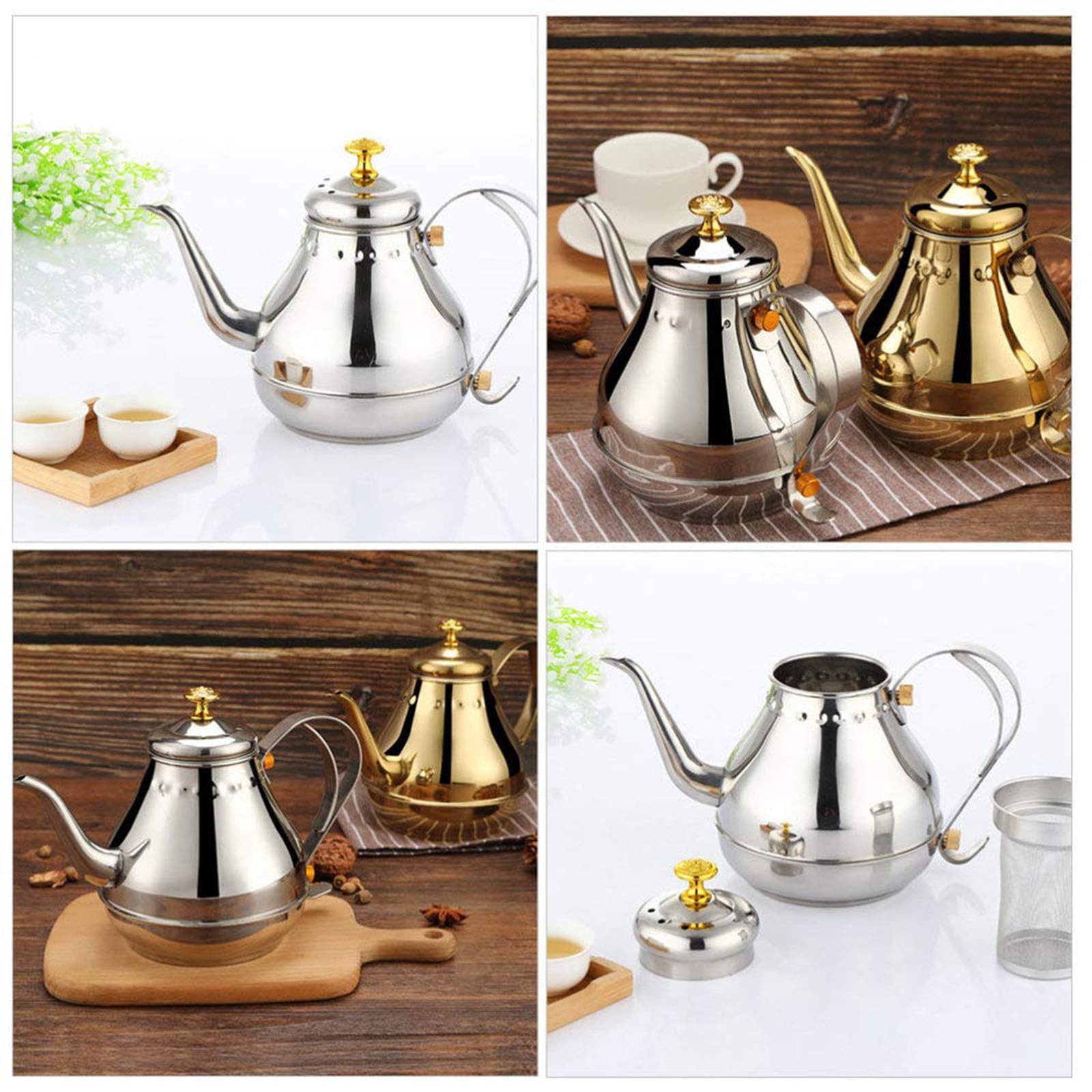 JTBDWOSK 1. 8L Tea Kettle Stainless Steel Teapot Long Swan Neck Coat Pot Over Teapot Mouth Pour Out Sieve for Stove Induction Pour,Silver - Image 7