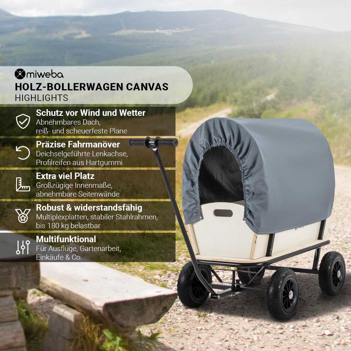 Miweba Bollerwagen Canvas mit Dach | 180 Kg Traglast - Kinderwagen - Transportwagen - Handwagen - Wagen Holz - Standwagen - Regenschutz - Plane abnehmbar - Gartenkarre - Holzwagen - Gerätewagen (Grau)
