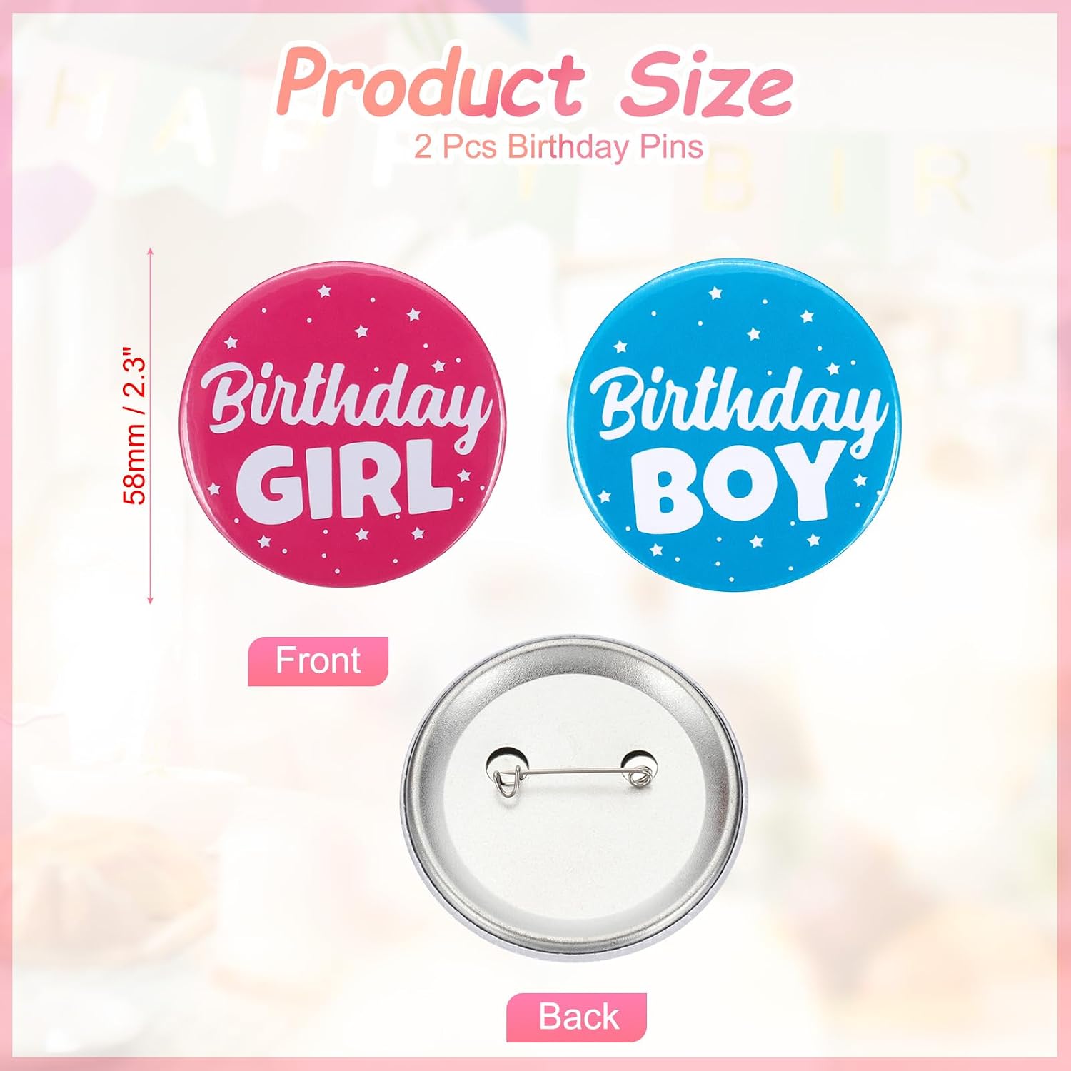 PATIKIL Birthday Badge Pin, 2 Pcs 58mm Tinplate Cute Birthday Boy Girl Pin for Party Decoration Women Men Adult Girl Boy, Pink/Blue