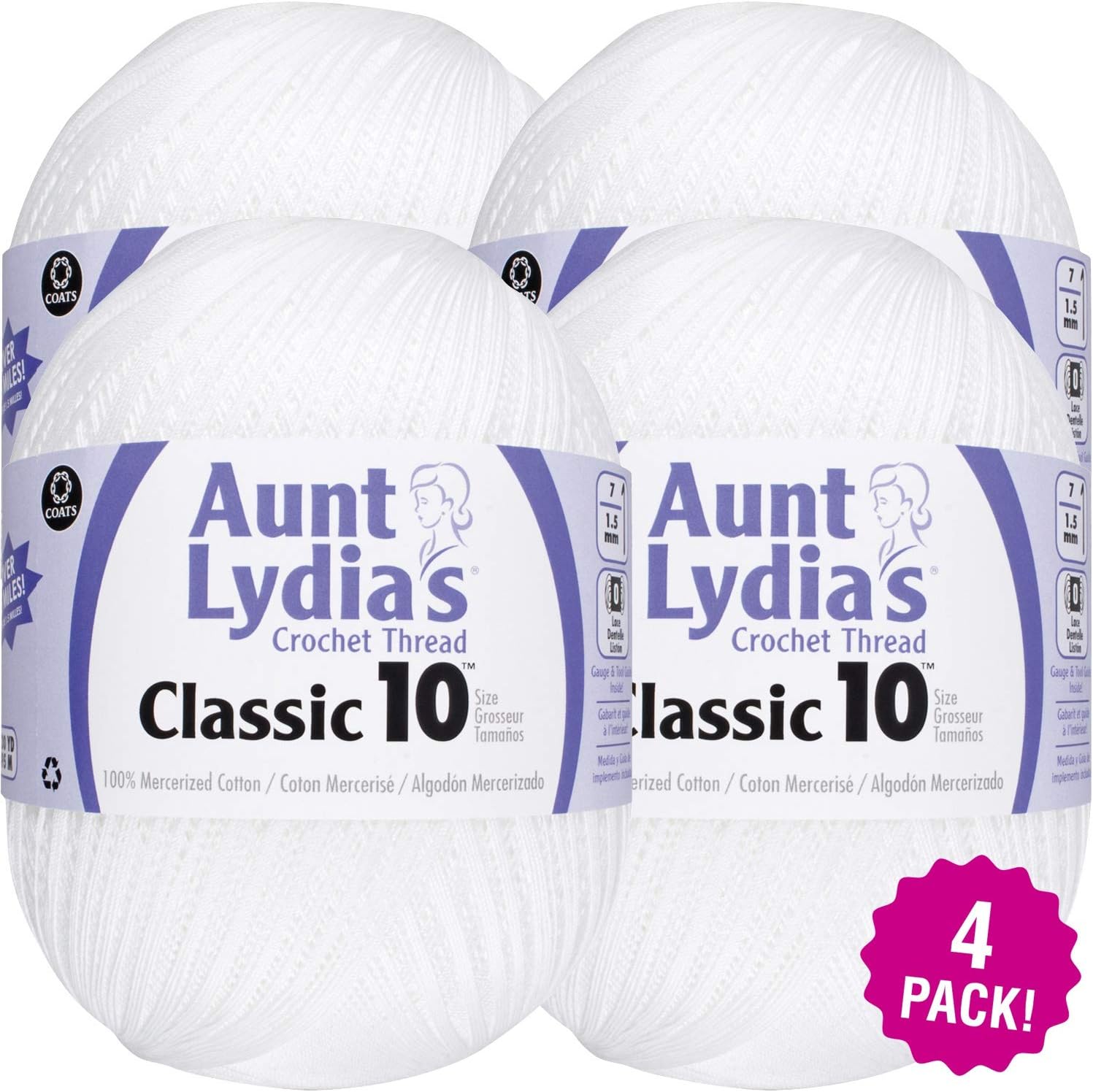 Aunt Lydia's Classic Crochet Thread Size 10 Jumbo, Multipack of 4