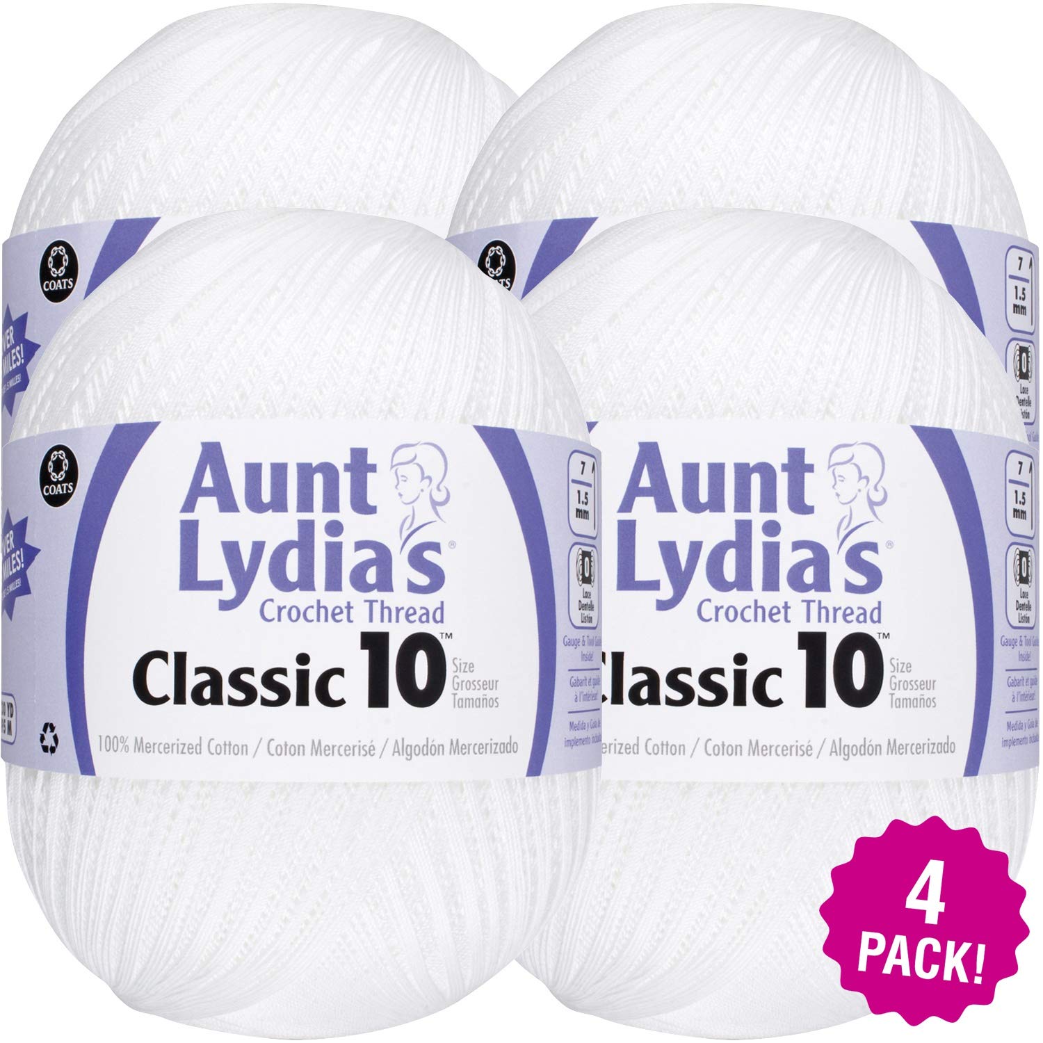 Aunt Lydia's Classic Crochet Thread Size 10 Jumbo, Multipack of 4
