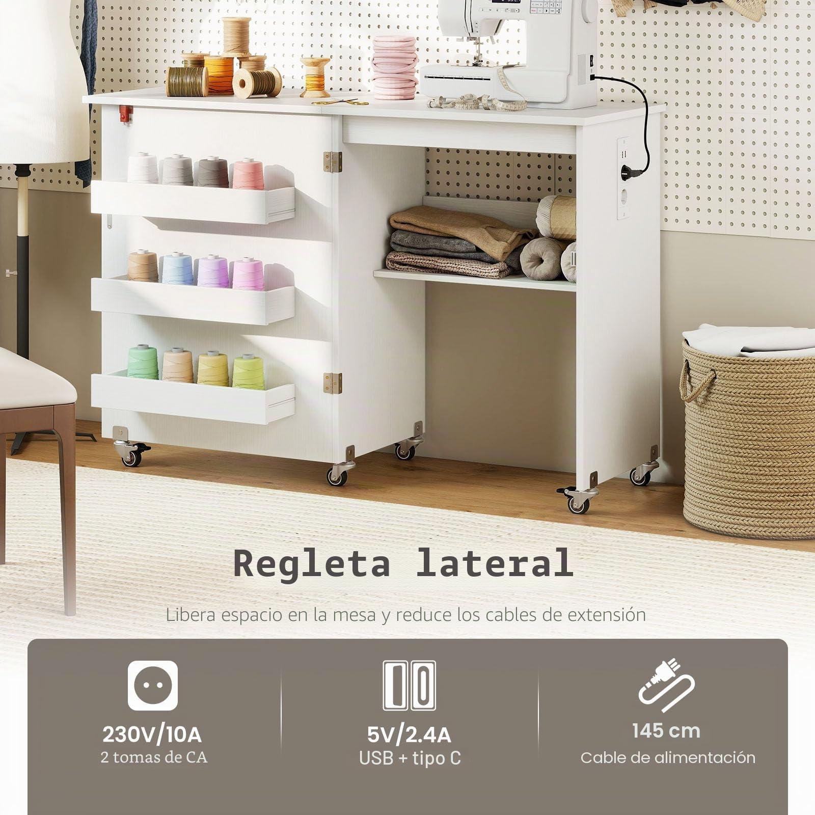 LIFEZEAL Mesa de Coser Plegable con Base de Carga, Armario de Máquina de Coser Móvil con Estante y Cajones, Armario de Costura Multifuncional con Ruedas para el Hogar y la Oficina (Blanco)