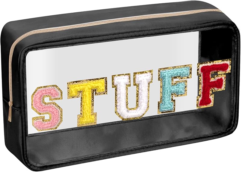 Necessaire de maquiagem Iqimott com zíper, estampa de letras STUFF, nylon e PVC, Stuff-Black