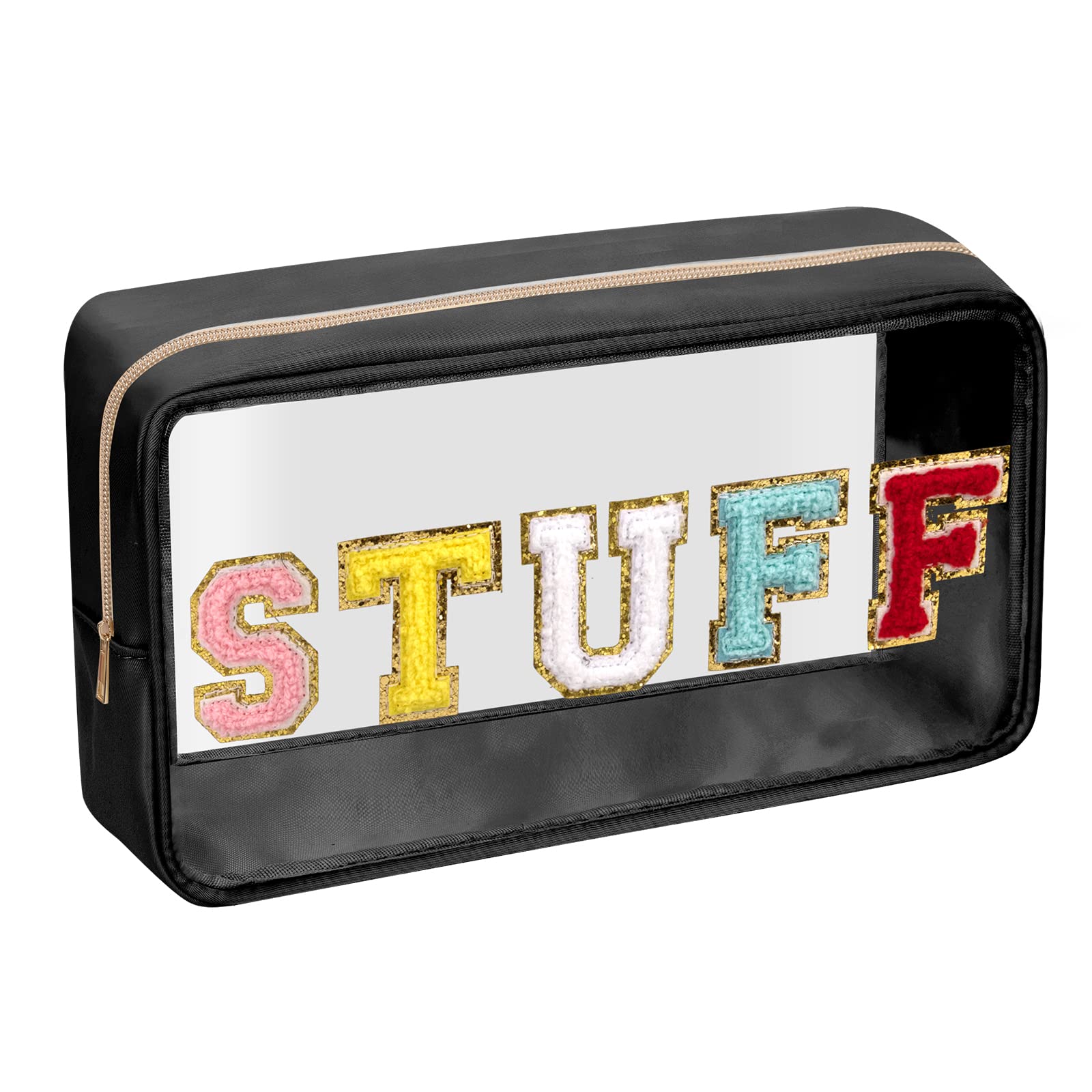 Iqimott Clear Patch Makeup Bag Stuff Pouch, Preppy Personalized Chenille Letter Cosmetic Pouch for Travel, Nylon Waterproof Organizer Travel