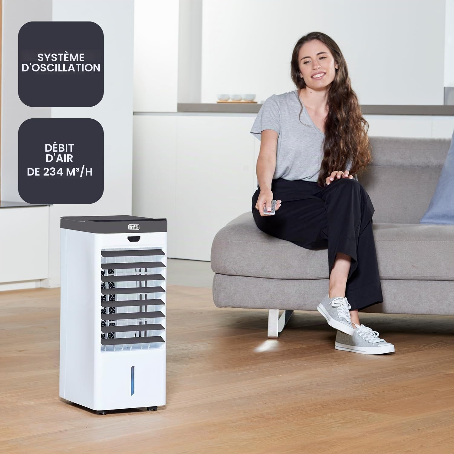 BLACK+DECKER - Rafraîchisseur d'air évaporatif 75 W | Réservoir 5 L | Oscillation | Écran digital | Télécommande | Minuterie 7,5 h | 3 vitesses et modes | 4 bacs à glace | Roulettes