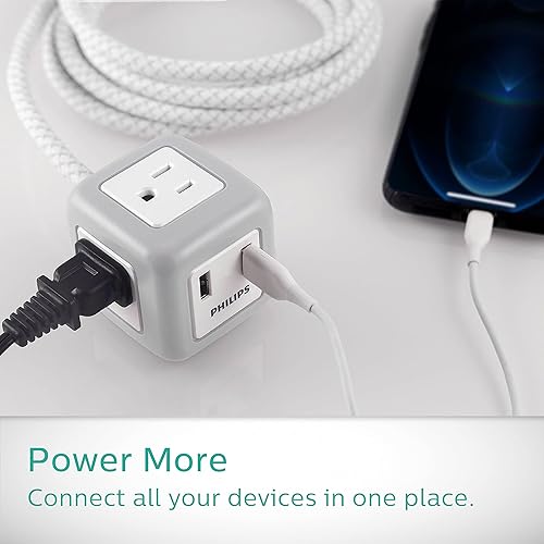 Miniatura 4 de Philips, Cubo de goma de 3 salidas, 2 USB, 2.4A, cable trenzado de 10 pies, SPS3102WB37 y 3 salidas 2 USB Protector de sobretensión, concentrador de