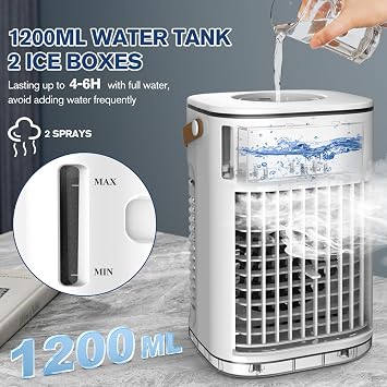 Evaporative Air Cooler w/Remote,Mini Portable Air Conditioners, 7 Color Lights, 1200ML Water Tank & 3 Ice Boxes, 7H Timer, Quiet For Desk Indoor/Outdoor 43