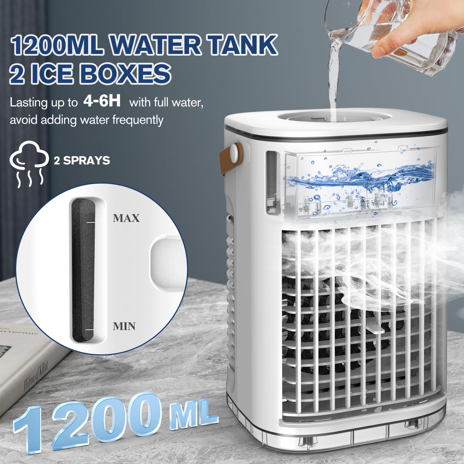 Mini aire acondicionado, aire acondicionado portátil con control remoto, carga USB, tanque de agua de 1.2L y 2 cajas de hielo, temporizador de apagado automático, enfriador de aire evaporativo con 3 3