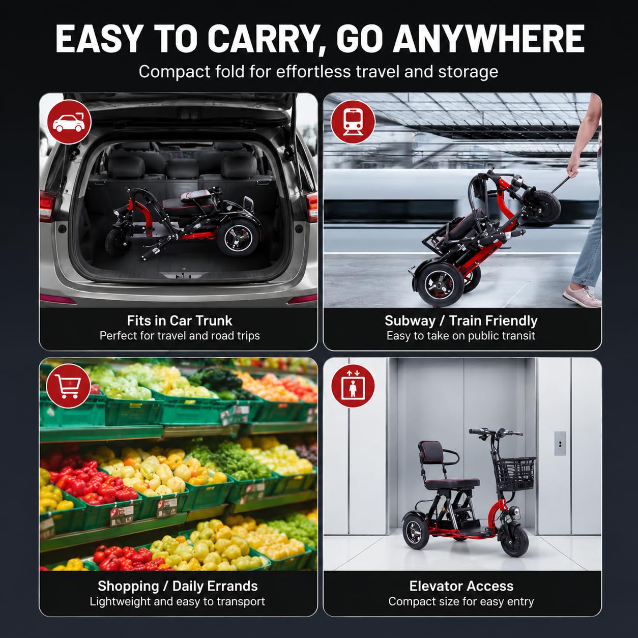 Scooter Eléctrico De Movilidad De 3 Ruedas para Adultos Mayores Y Personas con Discapacidad, Capacidad de Carga de 120 kg; Scooter Plegable con Asiento Acolchado Y Cesta De La Compra